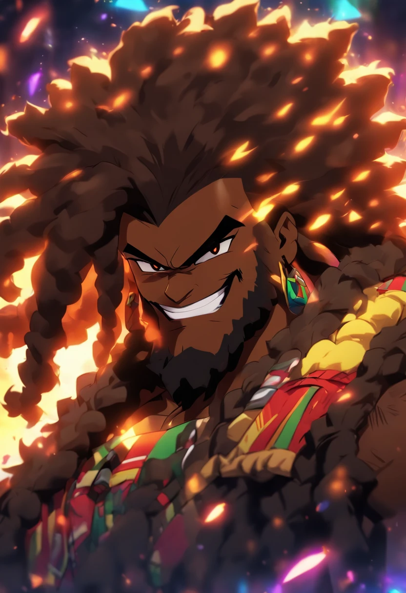 chunky black man,  long rasta hair,  fluffy beard, sitting in a gaming chair, glowing brown eyes, cheeky grin, high resolution,