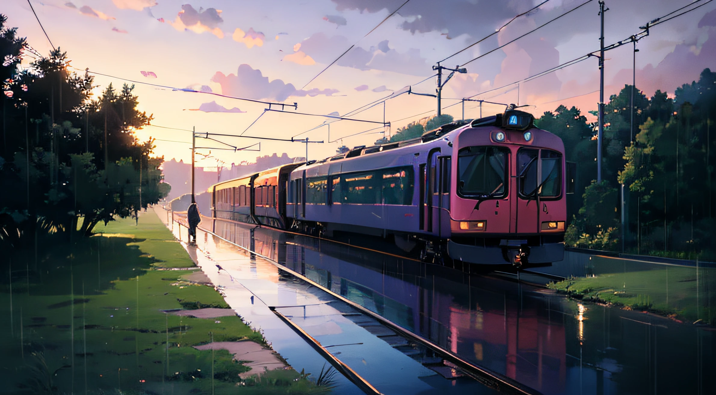 Anime train scene, passing under a pink-purple sky, anime drawing by Makoto Shinkai, Trend in Pixiv, magical realism, beautiful anime scene. makoto sinkai, ( ( makoto sinkai ), makoto sinkai, anime background art, style of makoto shinkai, with a lot of rain.