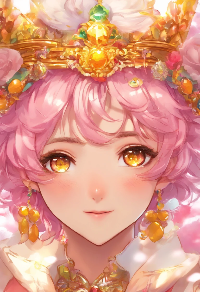 Masterpiece, premier quality, Best quality, Art officiel, beautiful and aesthetic:1.2), (1homme), male, Against Man, Jeune homme, homme de , extremly detailed,(Art fractal:1.3),colourfull,Most Detailed, cheveux roses, Cheveux courts, golden yellow eyes, highly detail eyes, glowing gold eyes, prince, mince, assis, Couronne de maintien, fond sombre abstrait, Haut du corps, cheveux rose