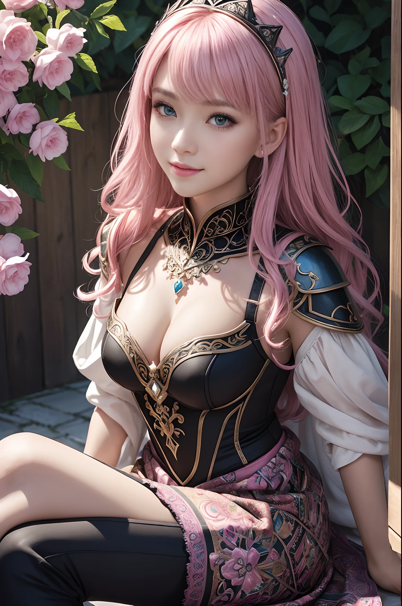 (dark shot:1.1)The whole body of the princess,Sexy Princess Chest Armor(absurderes、hight resolution、ultra-detailliert)、One woman's whole body、Pink and Black Princess Chest Armor、Pink and black pants and leg armor、Big mature women、Princess in gorgeous chest armor、A pink-haired、Large mature woman with thin breasts、blue eyess、long-sleeve、fine eyes and detailed face、intricate detailes、BREAK Mosaic Art、Small Pieces、colorful tesserae、complex pattern、tiled designs、durable surfaces、Old fashioned technique BREAK macro photography、extreme close - up、intricate detailes、Enlarged texture、stunning clarity、Hidden beauty、Immersive perspective breaks、artisanal creations、Handmade Products、unique designs、intricate detailes、Creative expression、skilled craftsmanship、enchanted、enchanted、enchanted、enchanted、English Garden、a smile、More about chest armor,