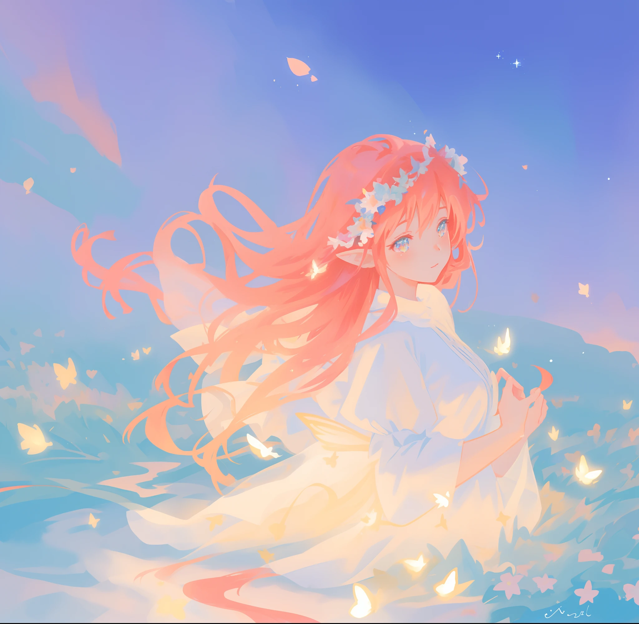 beautiful fairy girl in flowing white fairy gown, fairy dress, ((fairy queen)), (glowing fairy wings), long red hair, ((sparkling fairy wings)), regal queen, fairy queen, watercolor illustration, inspired by Glen Keane, inspired by Lois van Baarle, disney art style, by Lois van Baarle, glowing aura around her, by Glen Keane, jen bartel, glowing lights! digital painting, flowing glowing hair, glowing flowing hair, beautiful digital illustration, fantasia otherworldly landscape plants flowers, beautiful, masterpiece, best quality, anime disney style