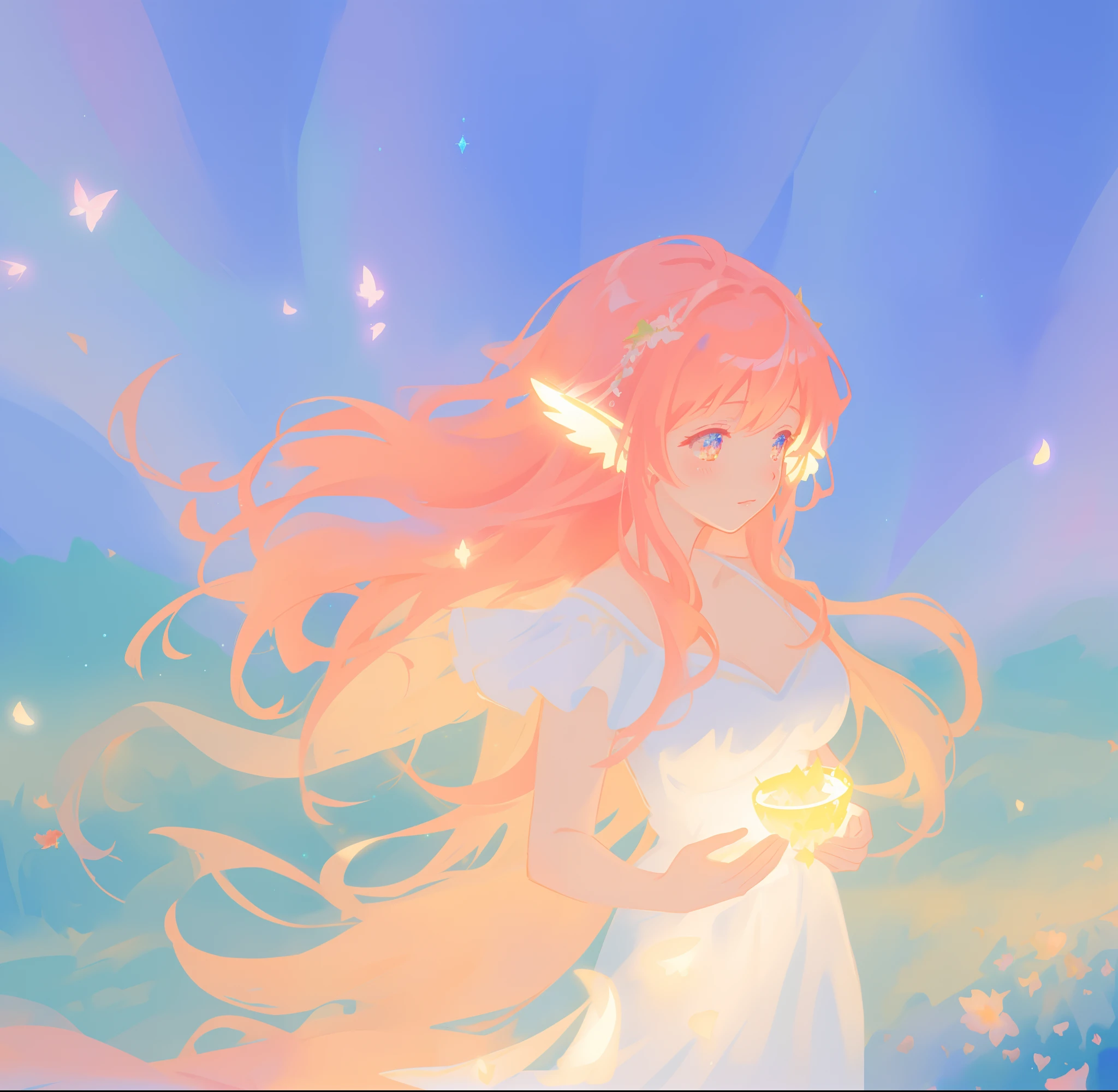 beautiful fairy girl in flowing white fairy gown, fairy dress, ((fairy queen)), (glowing fairy wings), long red hair, ((sparkling fairy wings)), regal queen, fairy queen, watercolor illustration, inspired by Glen Keane, inspired by Lois van Baarle, disney art style, by Lois van Baarle, glowing aura around her, by Glen Keane, jen bartel, glowing lights! digital painting, flowing glowing hair, glowing flowing hair, beautiful digital illustration, fantasia otherworldly landscape plants flowers, beautiful, masterpiece, best quality, anime disney style