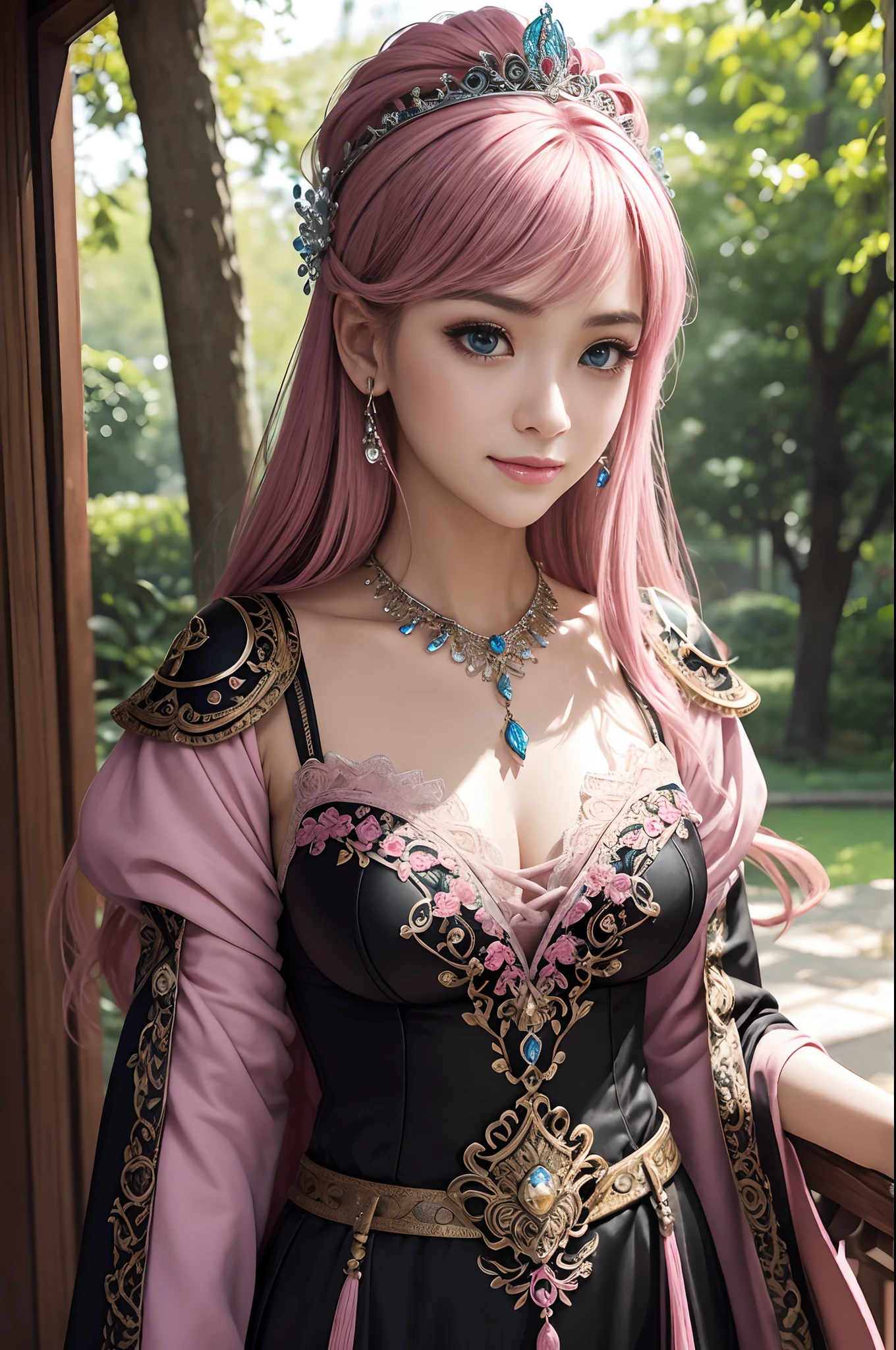 (dark shot:1.1)The whole body of the princess,Sexy Princess Chest Armor(absurderes、hight resolution、ultra-detailliert)、One woman's whole body、Pink and Black Princess Chest Armor、Pink and black pants and leg armor、Big mature women、Princess in gorgeous chest armor、A pink-haired、Large mature woman with thin breasts、blue eyess、long-sleeve、fine eyes and detailed face、intricate detailes、BREAK Mosaic Art、Small Pieces、colorful tesserae、complex pattern、tiled designs、durable surfaces、Old fashioned technique BREAK macro photography、extreme close - up、intricate detailes、Enlarged texture、stunning clarity、Hidden beauty、Immersive perspective breaks、artisanal creations、Handmade Products、unique designs、intricate detailes、Creative expression、skilled craftsmanship、enchanted、enchanted、enchanted、enchanted、English Garden、a smile、More about chest armor,