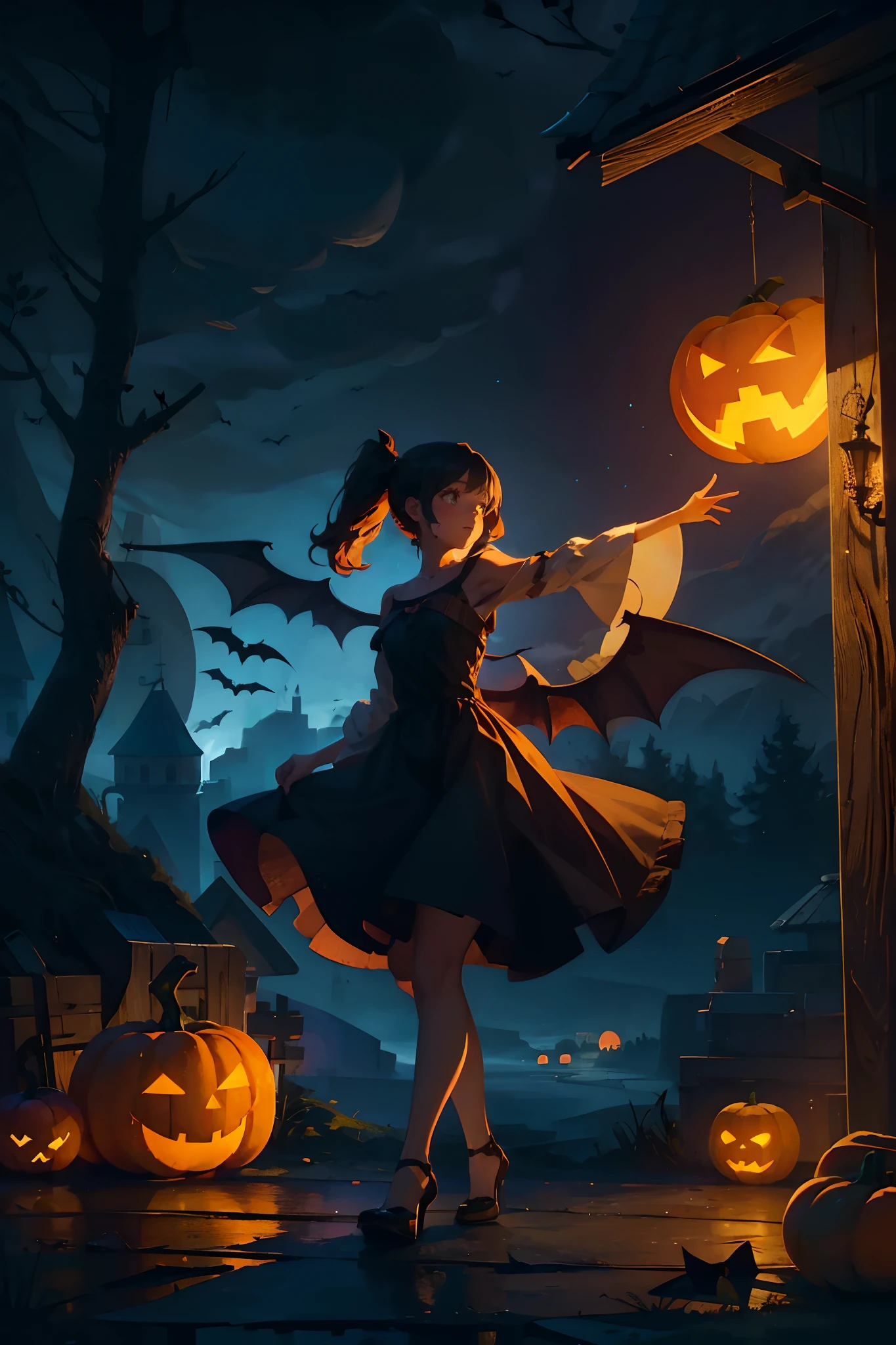 1 girl, brave, dark forest, castle, pumpkin lantern, faint light, shuttle, bat wings, bats, dancing, guiding, mysterious banquet, road.