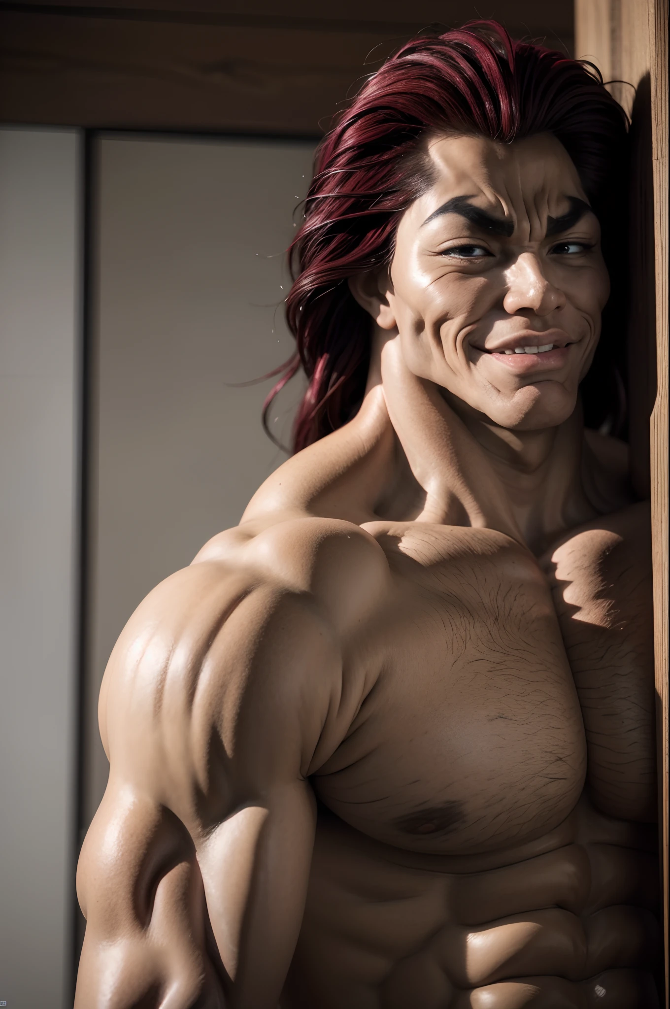 Yujiro Hanma, portrait 8k, very realistic, muscular, appeased, smiling, muscular, man, detailled face, red hair,