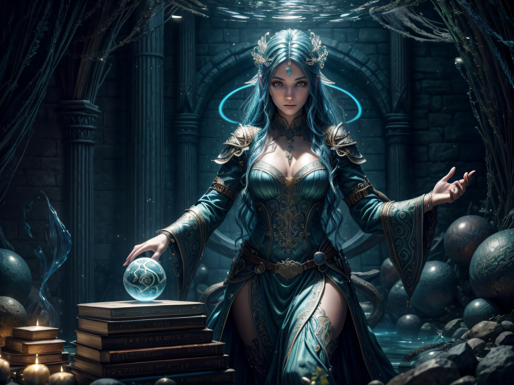 high details, best quality, 8k, [ultra detailed], masterpiece, best quality, (extremely detailed), (full body: 1.3) ultra wide shot, photorealistic, fantasy art, dnd art, rpg art, realistic art, an ultra wide picture of a female human (1.5 intricate details, Masterpiece, best quality) godess of water  ((watery radiant aura)), controlling a swirling streams of watery magic realflow (1.5 intricate details, Masterpiece, best quality), manipulating purple radiant magical symbols, [[divine symbols]] (1.5 intricate details, Masterpiece, best quality), human female, blue  hair, long hair with aura, hair with green radiant eyes, intense eyes, holding a staff, ((radiant eyes)), (( green glowing eyes)), dynamic clothing, magical library, with many books, and magical runes and wards, glowing arcane sigils GlowingRunes_paleblue, crystal ball (best details, Masterpiece, best quality) on table, runes on crystal balls GlowingRunes_yellow, fantasy magical library background (best details, Masterpiece, best quality), Ultra-Wide Angle, high detail, award winning, best quality, HD, 16K, 3D rendering, high details, best quality, highres, ultra wide angle, 3D rendering, [[anatomically correct]] realflow