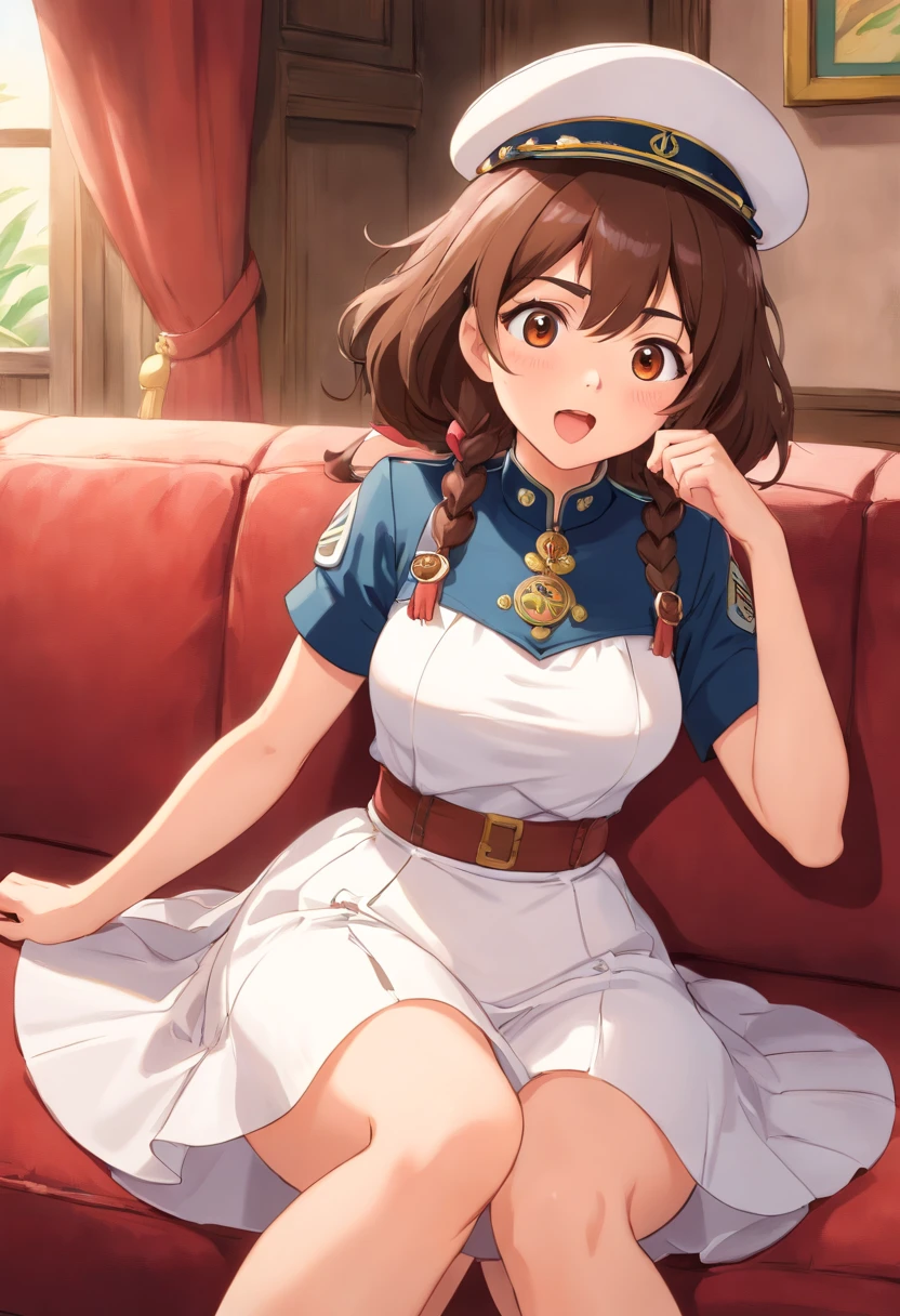 Bambietta, sitting on the couch, blushing, open mouth, deep brown eyes, hat, (white skirt), white military shape, closed medium breasts | Masterpiece of large breasts, detailed and intricate details