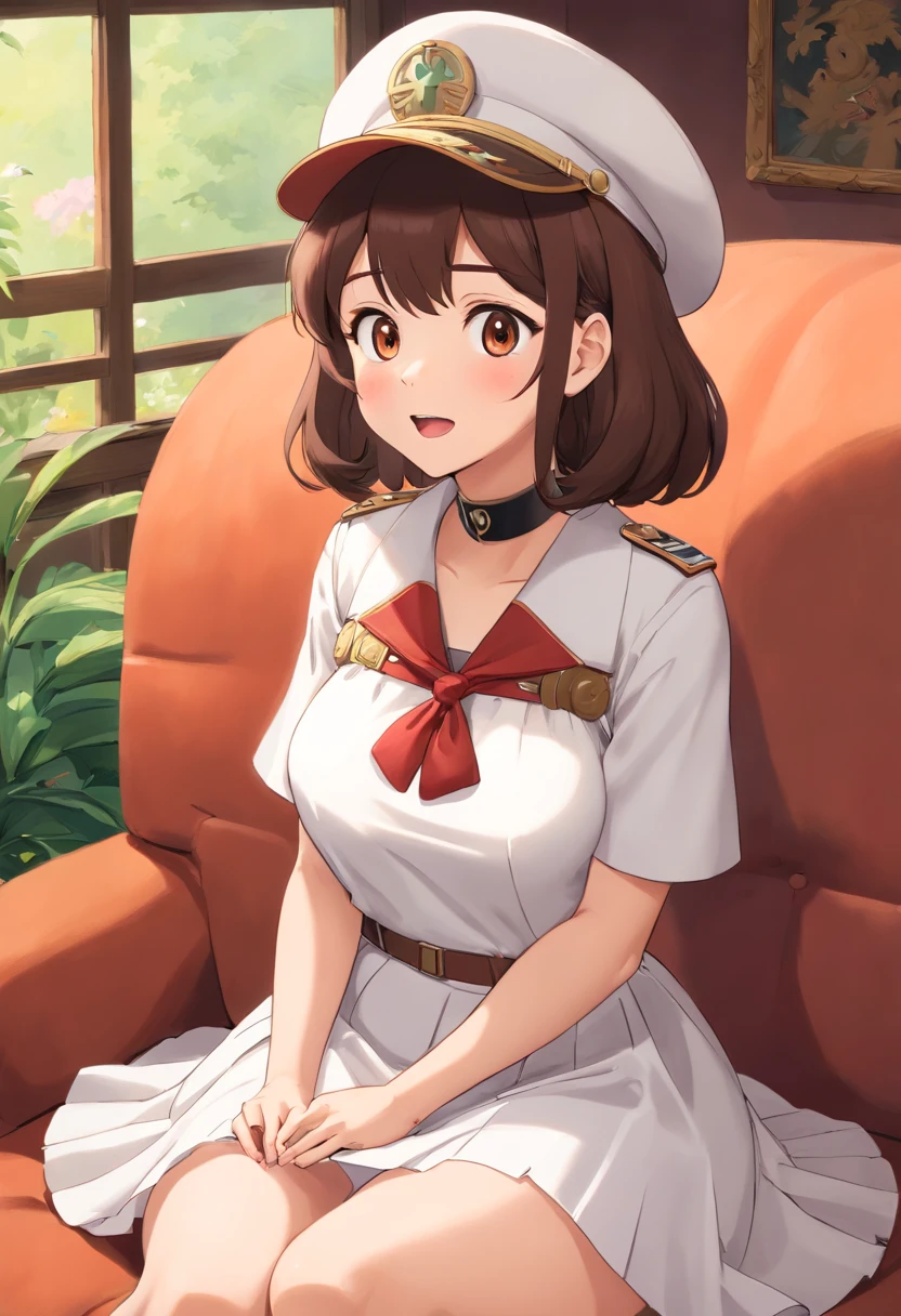 Bambietta, sitting on the couch, blushing, open mouth, deep brown eyes, hat, (white skirt), white military shape, closed medium breasts | Masterpiece of large breasts, detailed and intricate details