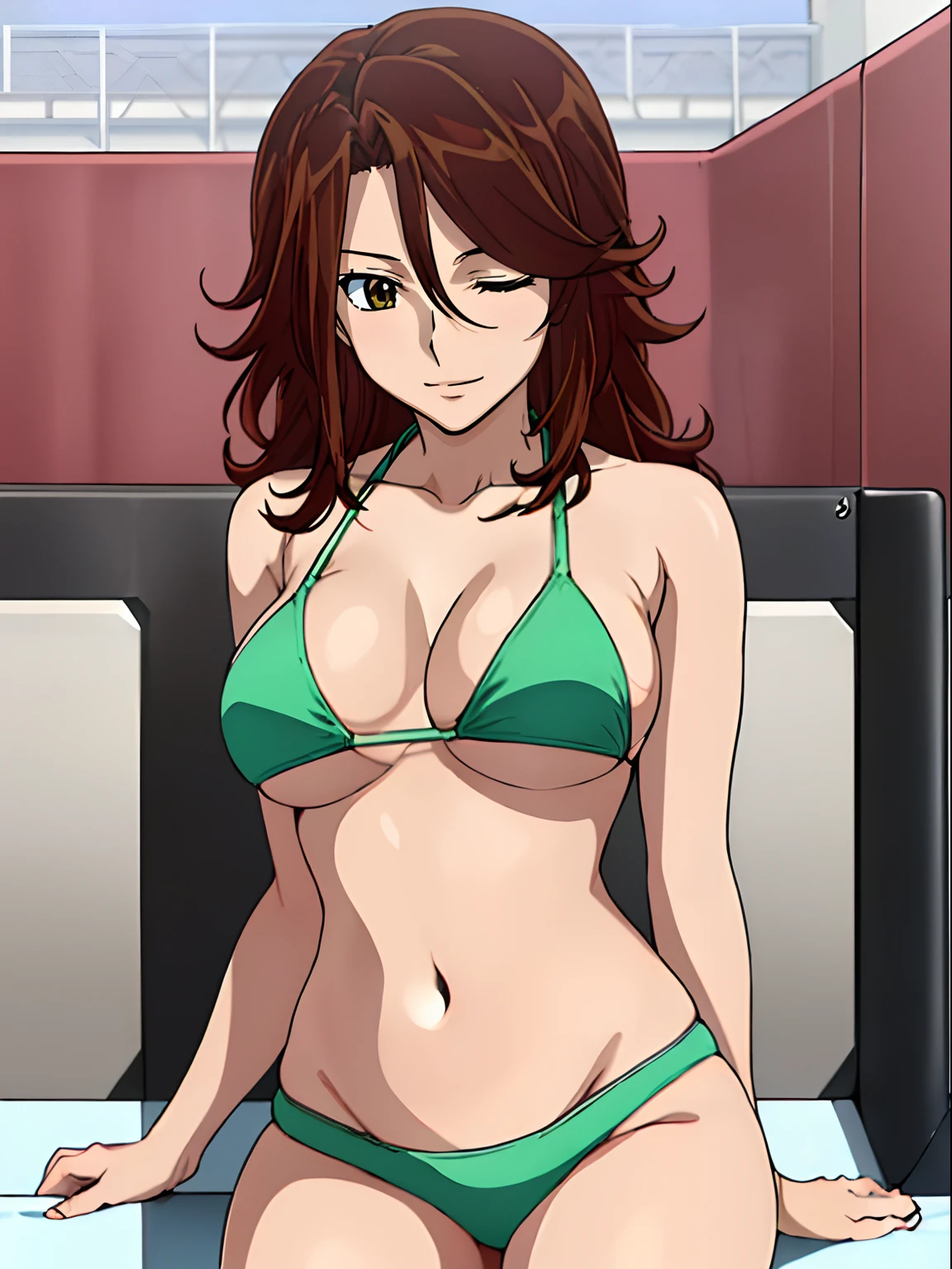 Elegant lady, anime style: 1.8, anime drawing, ultra detailed face, ultra detailed body, 4k, Sumergai Lee Noriega, ((sleeping down on wrestling ring floor), closed eyes), best quality, anime style, hires, highest definition, digital blending, bold drawing lines, (location: wrestling ring), ( slim body, (little biceps), , off-shoulders, closed fists, (curvy: 2.8)), ((broken bikini, (chaps))), victorious, winner, gentle, (pale skin, shiny skin, very , smile), (big eyes, brown eyes), (brown hair, loose hair), 27 years old,