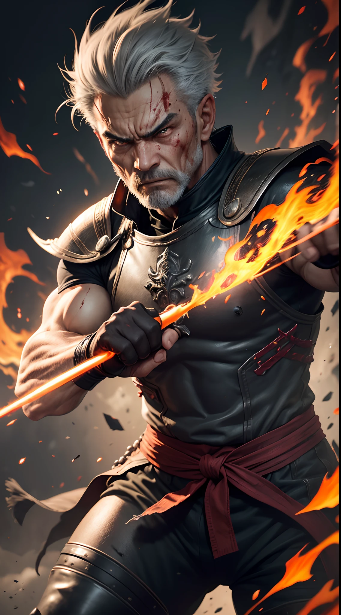 realistic 8k image of a 60 year old man, strong, oriental, short gray hair combed back, injured face, blood, dressed in a black RPG warrior style cleric costume, attacking with flames on his fists, angry expression, art anime style