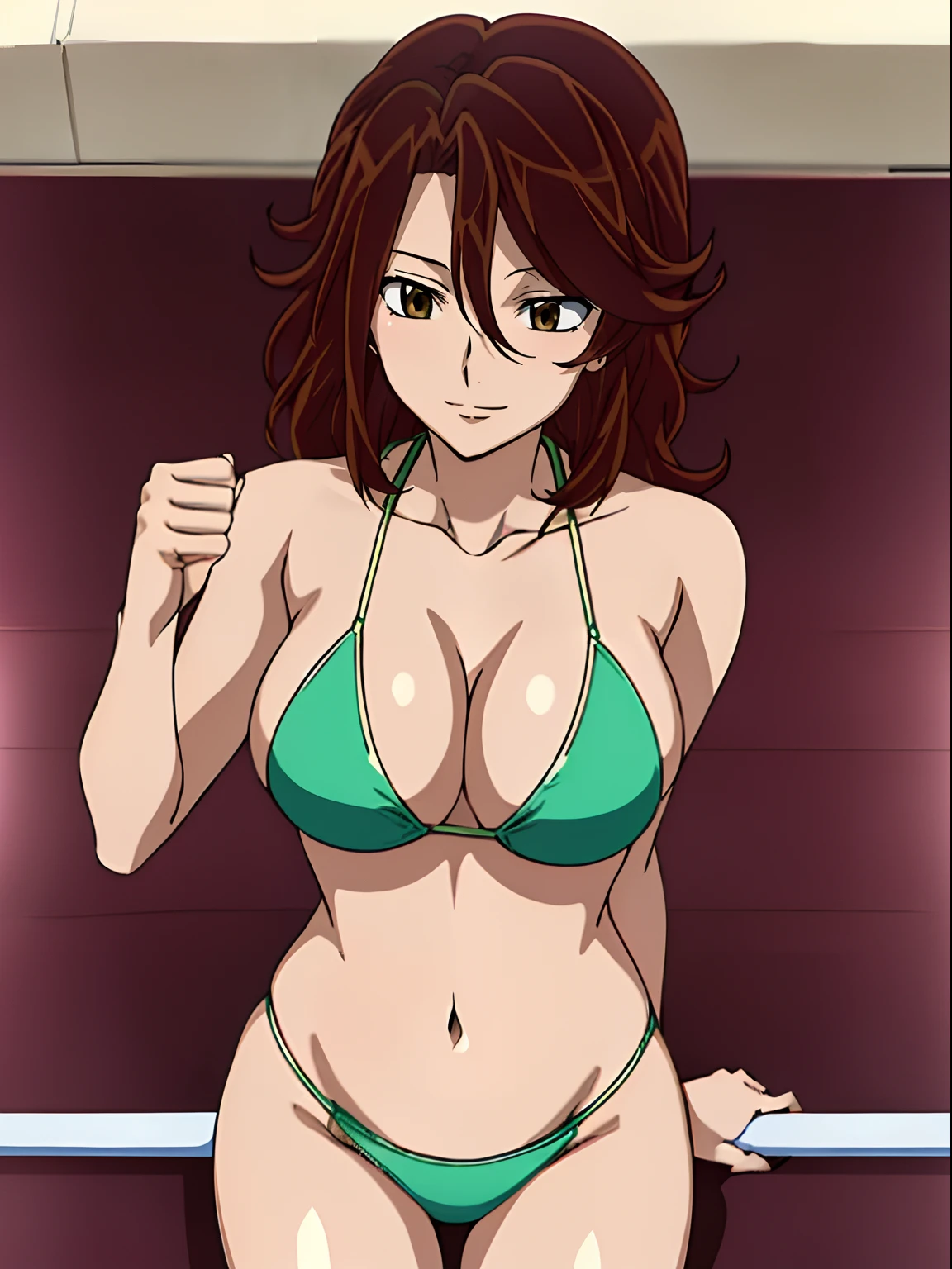 Elegant lady, anime style: 1.8, anime drawing, ultra detailed face, ultra detailed body, 4k, Sumergai Lee Noriega, ((sleeping down on wrestling ring floor), closed eyes), best quality, anime style, hires, highest definition, digital blending, bold drawing lines, (location: wrestling ring), ( slim body, (little biceps), , off-shoulders, closed fists, (curvy: 2.8)), ((broken bikini, (chaps))), victorious, winner, gentle, (pale skin, shiny skin, very big breasts, smile), (big eyes, brown eyes), (brown hair, loose hair), 27 years old,