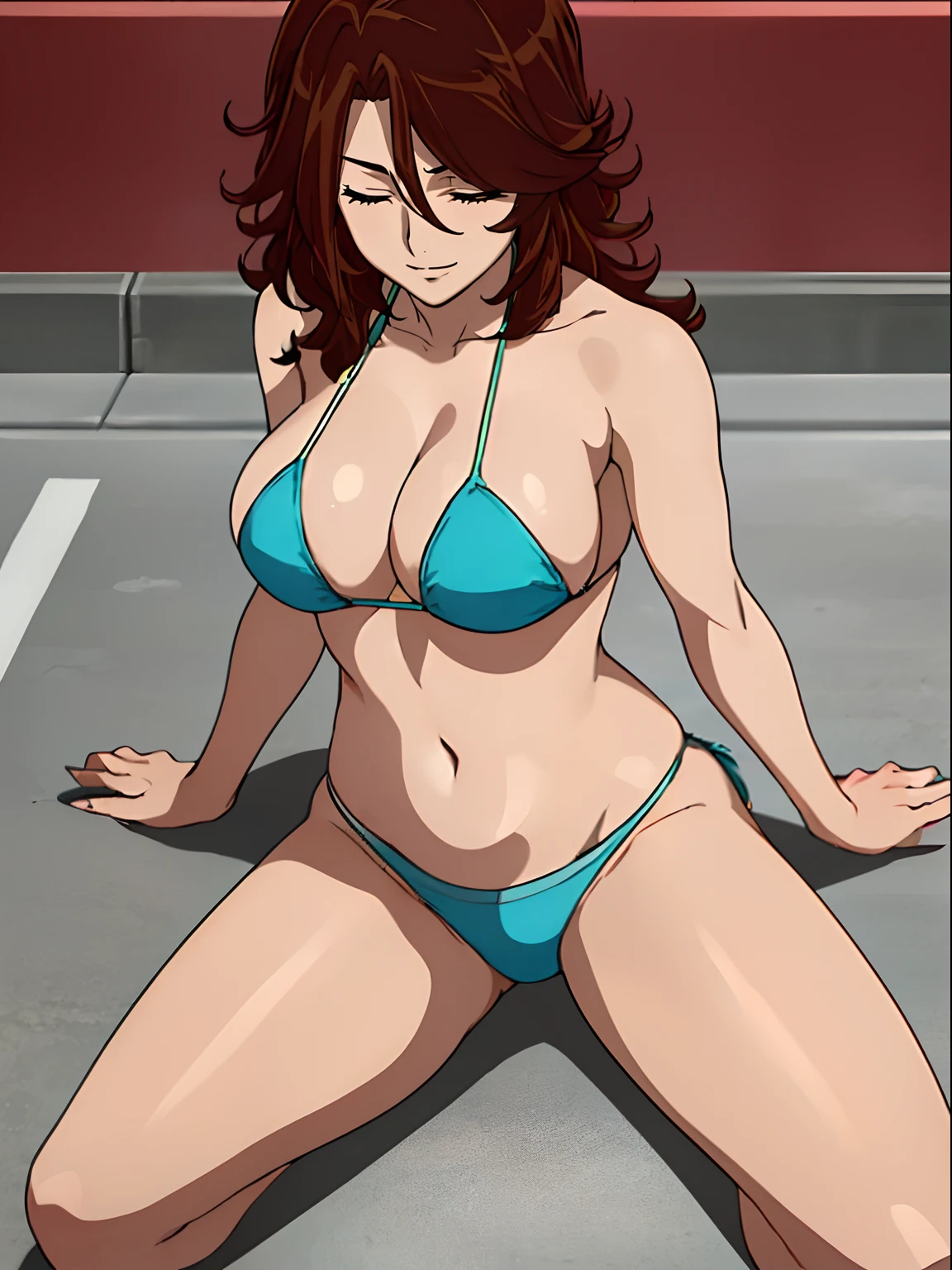 Elegant lady, anime style: 1.8, anime drawing, ultra detailed face, ultra detailed body, 4k, Sumergai Lee Noriega, ((sleeping down on wrestling ring floor, lying down on wrestling ring floor), closed eyes), best quality, anime style, hires, highest definition, digital blending, bold drawing lines, (location: wrestling ring), ( slim body, (little biceps), , off-shoulders, closed fists, (curvy: 2.8)), ((broken bikini, (chaps))), victorious, winner, gentle, (pale skin, shiny skin, very big breasts, smile), (big eyes, brown eyes), (brown hair, loose hair), 27 years old,