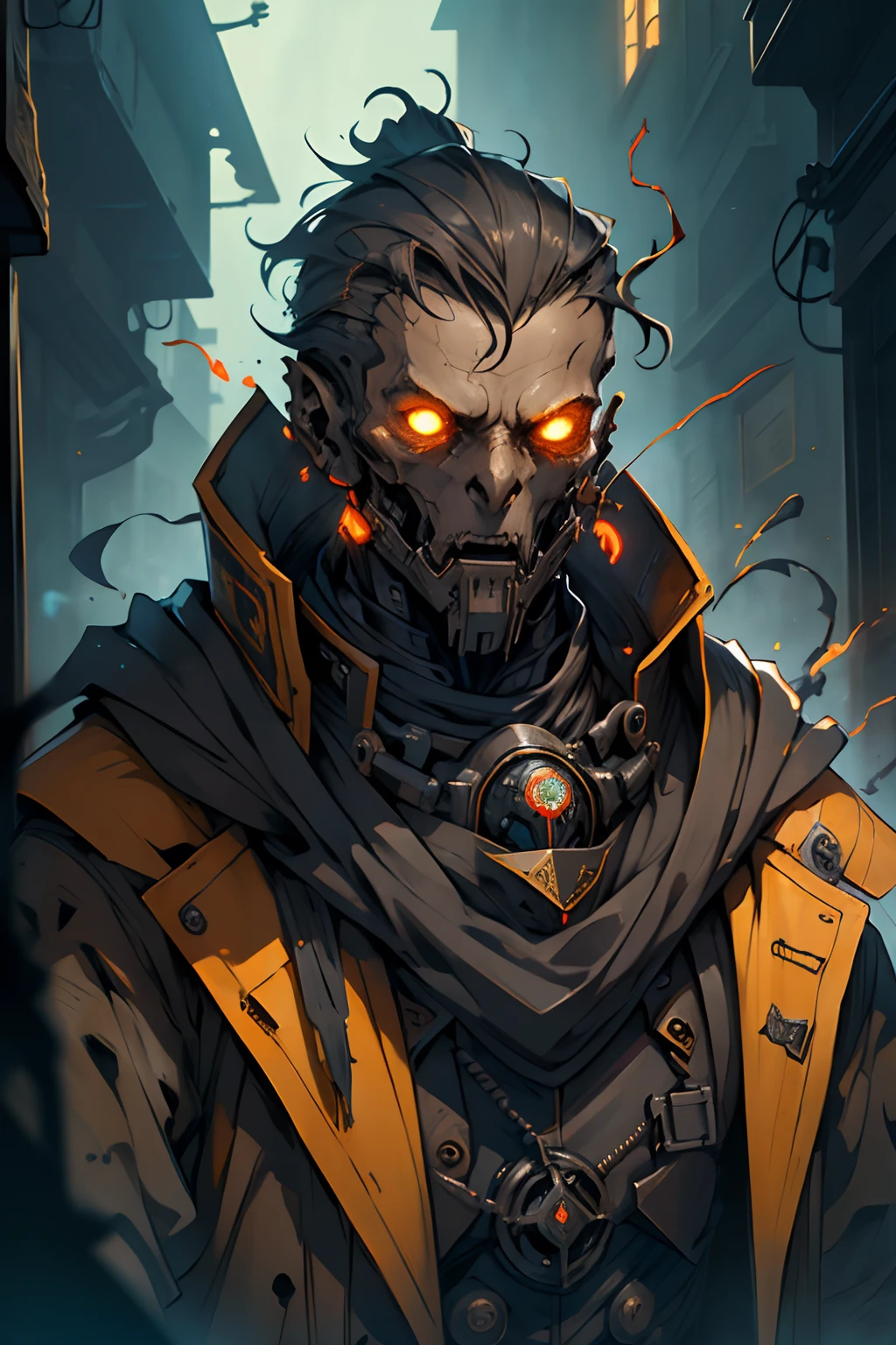 beste-Qualit, tmasterpiece, extra high resolution, Detailed background, Detailed background, realisti, 独奏, ember, humanoid, Iron Torso Base, You can see it iron, steampunc, Artifact "Inside the Hand", Cyborg Face, Inventor's Outfit, Inventor's Cloth, Cyborg Artist, in full height, Medieval cyborg, Medieval Clothing Manufacturer , Impact during the arms of cyborgs, Face Robot, Full Iron Face, Cyborg Face, The face of a battered robot, Chaotic Neutral, , Horror \(subject\),Dark Fantasy, scoundrel, Depth of field.