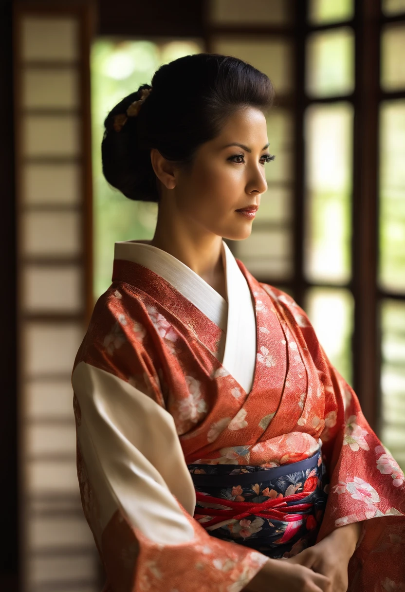 Foto de una mujer madura,Un MILF,Cara hermosa,cabello negro largo,sin sujetador,visible nipple, Sala de papel abarrotada, Primer plano, Colores neutros, Barren land,Pecho enorme,senos redondos,Gran escote, Hakata yukata, apertura Hakata yukata, agarrando sus pechos, senos mostrando, amplio escote, riente