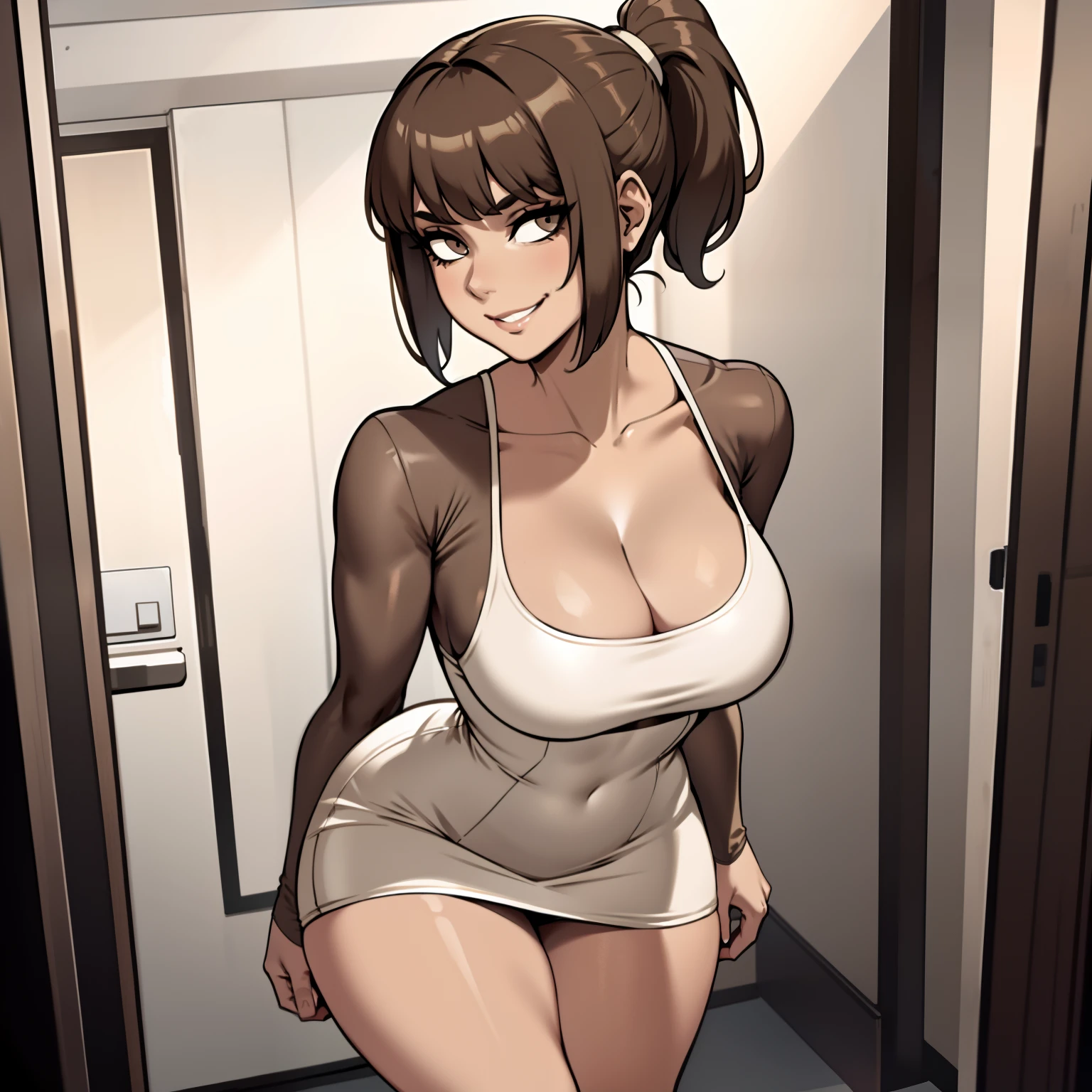 one female with short ponytail brown haircut, long form fitting beige dress, alone, solo, (ALONE)(SOLO), showing cleavage, facing forward, looking at me, looking forward, smirk, showing full legs