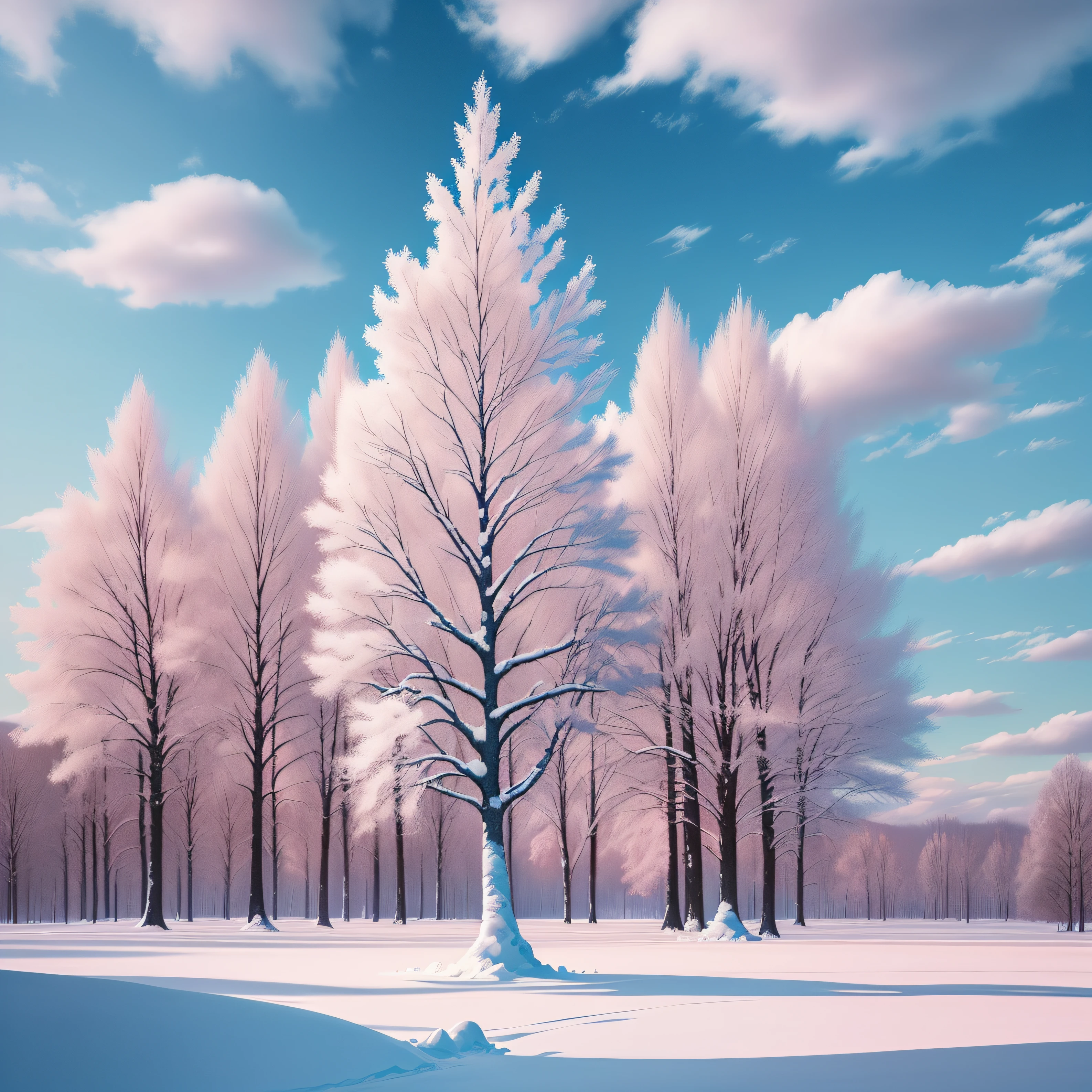 (Best Quality, Masterpiece) Beautiful, Snowy landscapes, warm, pale pink, Another winter tree, Bright color, Bright, blue skies, covered with clouds, The Spirit of Hope, Calm and peaceful landscape.