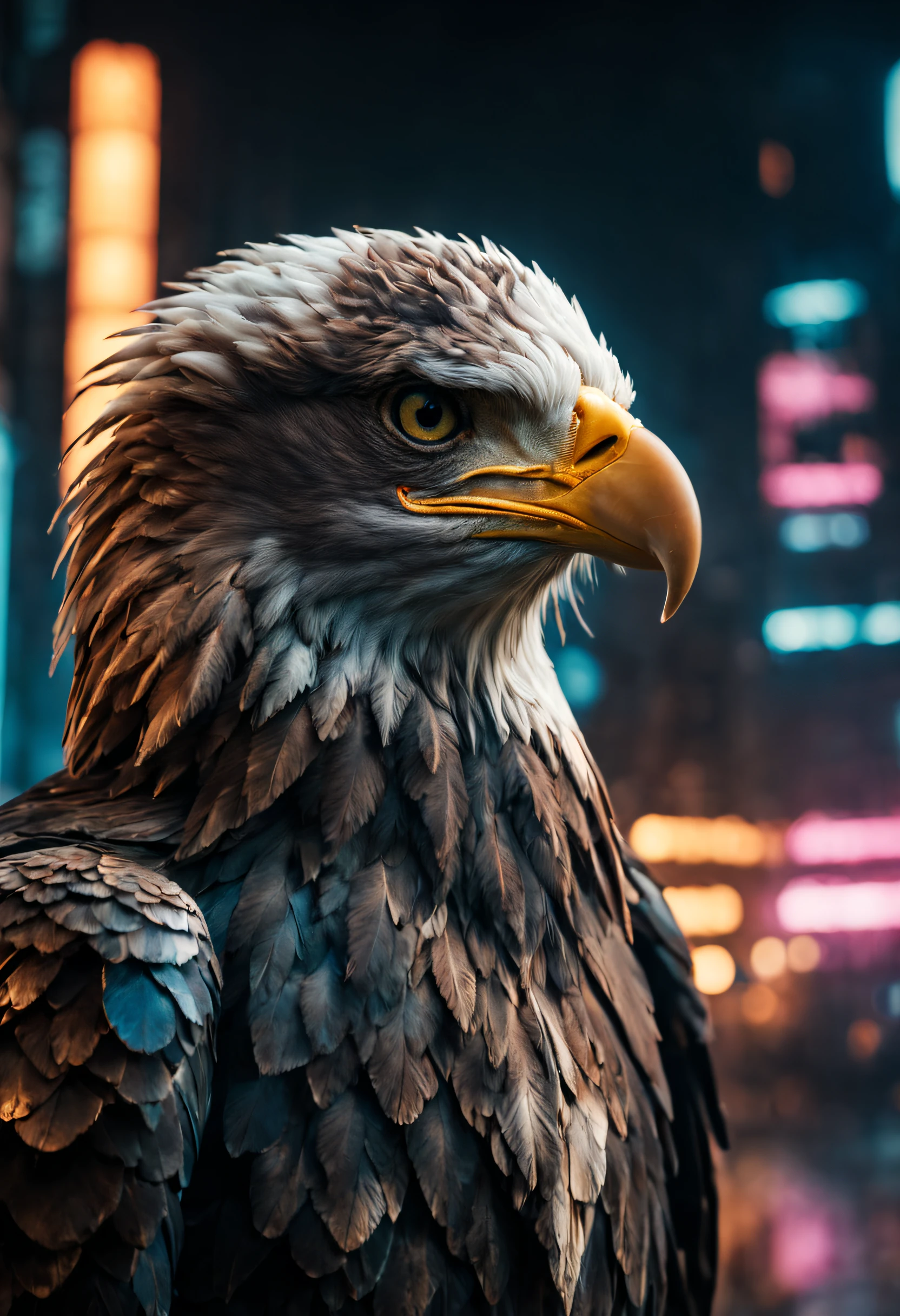 front view, film photo, extreme realistic, hyper-realistic, portrait of a strong eagle standing, in cyber punk city, at night, elegant pose, atmospheric lighting, cinematic composition, detailed, highly detailed, vivid colors, masterpiece, extreme detailed background