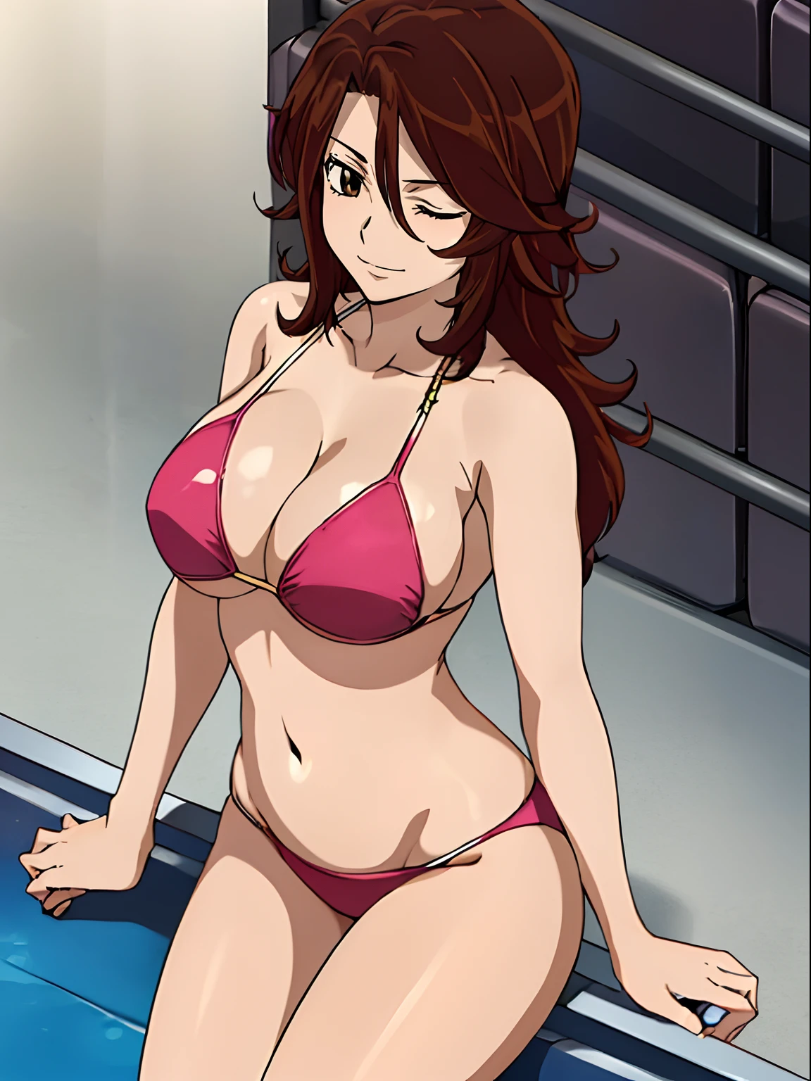 Elegant lady, anime style: 1.8, anime drawing, ultra detailed face, ultra detailed body, 4k, Sumergai Lee Noriega, ((sleeping down on wrestling ring floor), closed eyes), best quality, anime style, hires, highest definition, digital blending, bold drawing lines, (location: wrestling ring), ( slim body, (little biceps), , off-shoulders, closed fists, (curvy: 2.8)), ((broken bikini, (chaps))), victorious, winner, gentle, (pale skin, shiny skin, very big breasts, smile), (big eyes, brown eyes), (brown hair, loose hair), 27 years old,