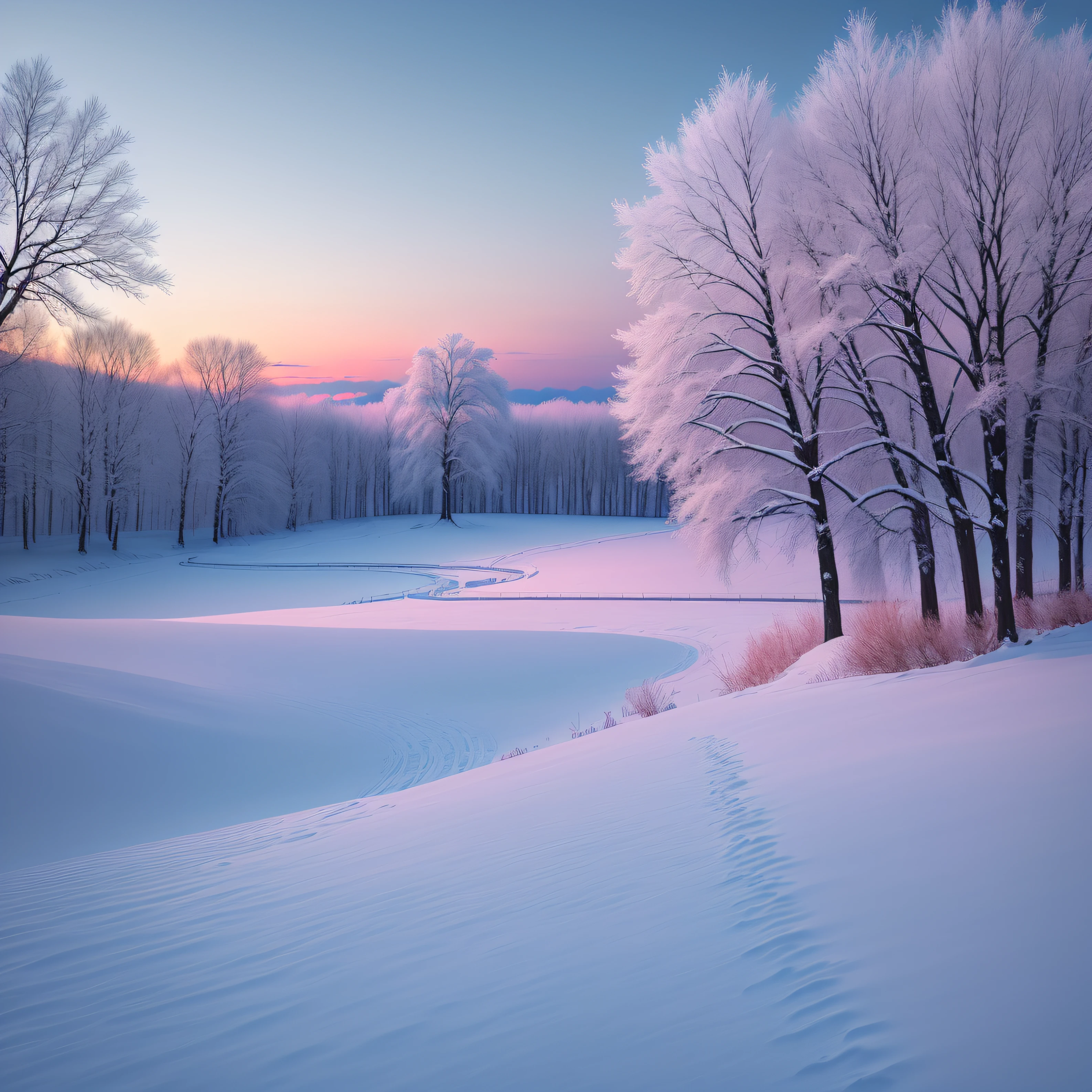(Best Quality, Masterpiece) Beautiful, Snowy landscapes, warm, pale pink, Another winter tree, Bright color, Bright, blue skies, covered with clouds, The Spirit of Hope, Calm and peaceful landscape.