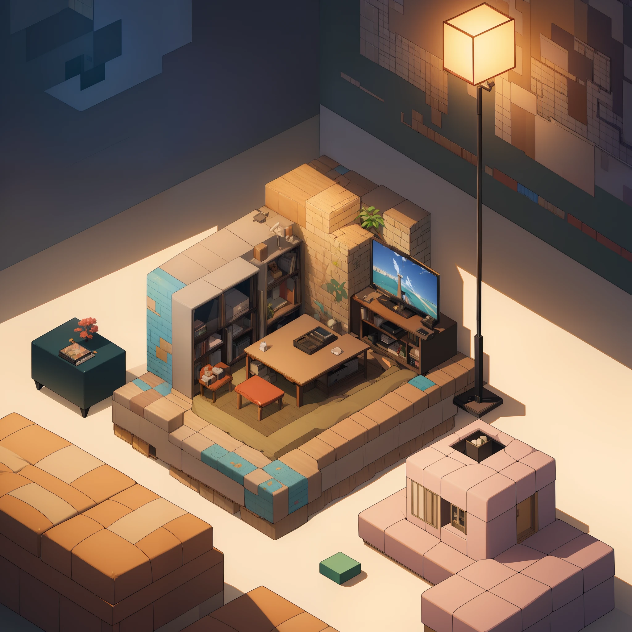 (Isometric perspective:1.5),(anime style:1.2), Room, bed, sofa,(small bonsai:0.8),desk lamp, TV, mural, 3D,Panoramic photo,White background, solid background,Global illumination, raytracing, modeling,HDR,octane render,unreal render,behance,dribbble,artstation,best quality, 8k,