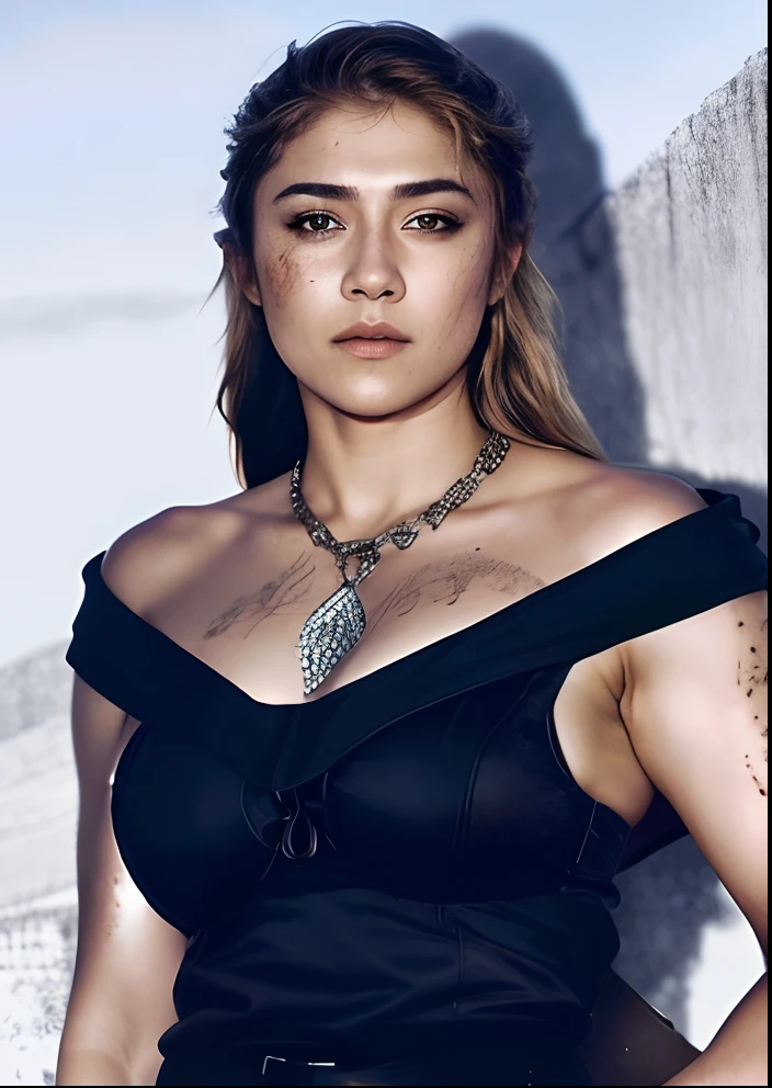 Masterpiece, a beautiful Viking woman, ((Nayanthara )), (chainmail armor), (medium breasts), (perfect body), (blonde matted hair), (short hairstyle), welding a sword, outside, dirty, spattered with blood,(skin texture:1.1), best quality, ultra high res, Raw photo, Nikon D850, backlight, rimlight, bright sunlight, film grain:1.2, (warm hue, warm tone:1.2), (color photo), fantasy battlefield background, slaying another warrior