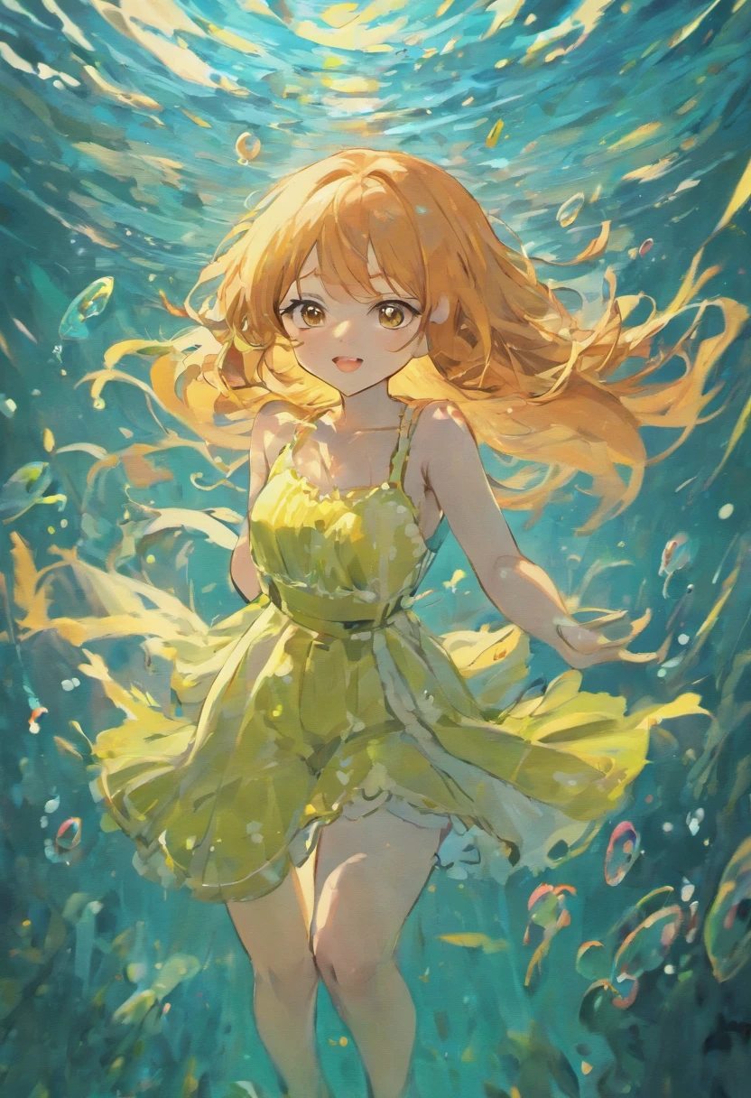 foreshortening, masterpiece, best quality, 1girl, brown eyes,  long hair, underwater, air bubble, solo, dappled sunlight, one piece, eichiiro oda, nami, anime, girl, underwater, bubbles, fish, shining water, smiling, long hair, wavy hair, orange hair, soft, touching fish, swimming,