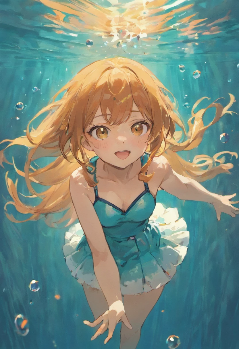 foreshortening, masterpiece, best quality, 1girl, brown eyes, long hair, underwater, air bubble, solo, dappled sunlight, one piece, eichiiro oda, nami, anime, girl, underwater, bubbles, fish, shining water, smiling, long hair, wavy hair, orange hair, soft, touching fish, swimming,