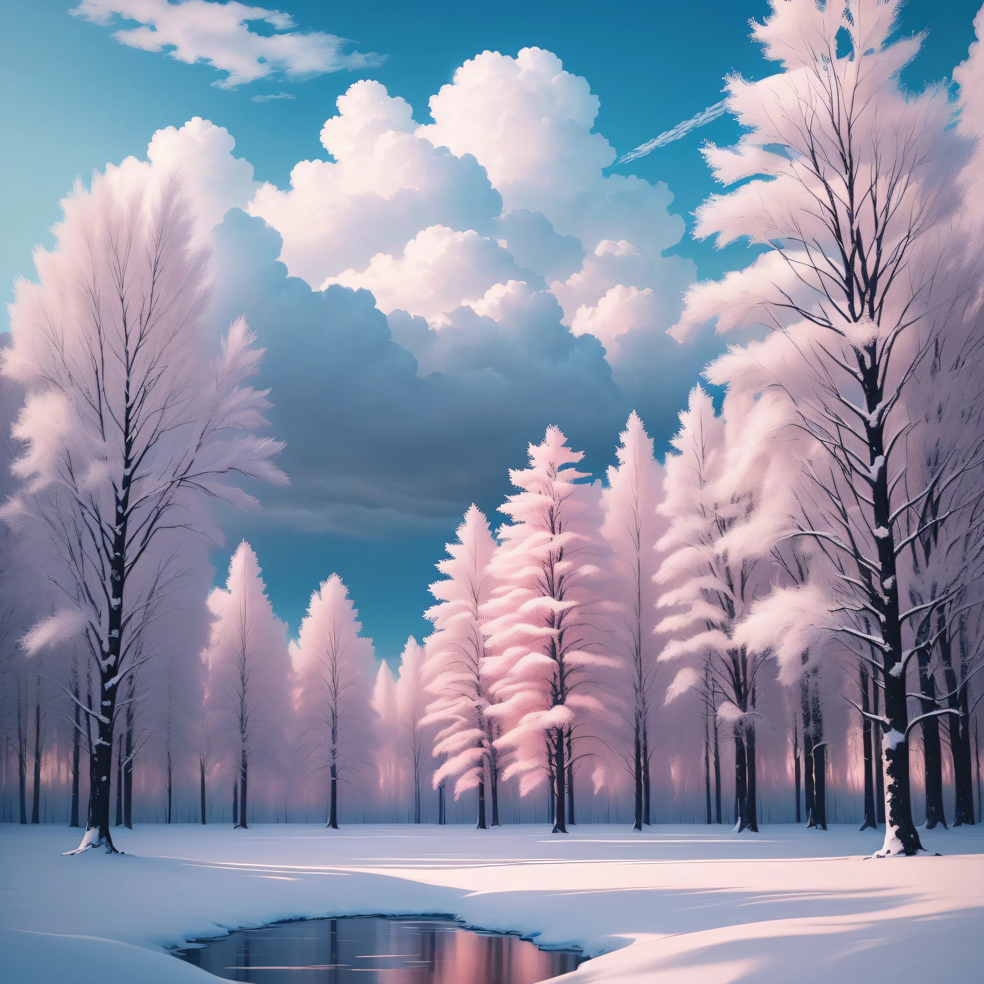 (Best Quality, Masterpiece) Beautiful, Snowy landscapes, warm, pale pink, Another winter tree, Bright color, Bright, blue skies, covered with clouds, The Spirit of Hope, Calm and peaceful landscape.
