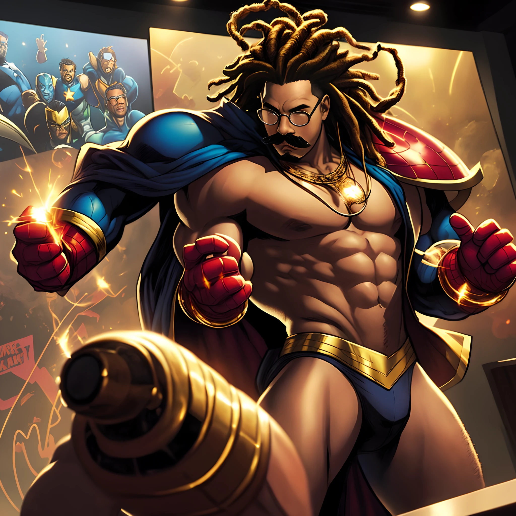 marvel comics panel; skimpy black frat boy with mustache, dreads, with round gold glasses and jewelry