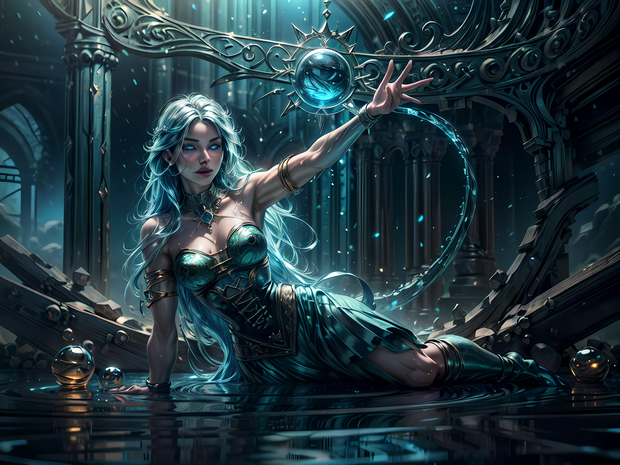 high details, best quality, 8k, [ultra detailed], masterpiece, best quality, (extremely detailed), full body, ultra wide shot, photorealistic, fantasy art, dnd art, rpg art, realistic art, an ultra wide picture of a female human (1.5 intricate details, Masterpiece, best quality) godess of water  ((watery radiant aura)), controlling a swirling streams of watery magic realflow (1.5 intricate details, Masterpiece, best quality), manipulating purple radiant magical symbols, [[divine symbols]] (1.5 intricate details, Masterpiece, best quality), human female, blue  hair, long hair with aura, hair with green radiant eyes, intense eyes, holding a staff, ((radiant eyes)), (( green glowing eyes)), dynamic clothing, magical library, with many books, and magical runes and wards, glowing arcane sigils GlowingRunes_paleblue, crystal ball (best details, Masterpiece, best quality) on table, runes on crystal balls GlowingRunes_yellow, fantasy magical library background (best details, Masterpiece, best quality), Ultra-Wide Angle, high detail, award winning, best quality, HD, 16K, 3D rendering, high details, best quality, highres, ultra wide angle, 3D rendering, [[anatomically correct]] realflow