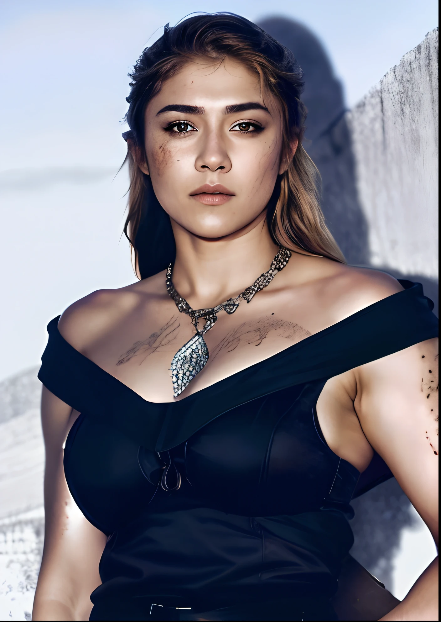 Masterpiece, a beautiful Viking woman, ((Nayanthara )), (chainmail  armor), (medium breasts), (perfect body), (blonde matted hair), (short hairstyle), welding a sword, outside, dirty, spattered with blood,(skin texture:1.1), best quality, ultra high res, Raw photo, Nikon D850, backlight, rimlight, bright sunlight, film grain:1.2, (warm hue, warm tone:1.2), (color photo), fantasy battlefield background, slaying another warrior