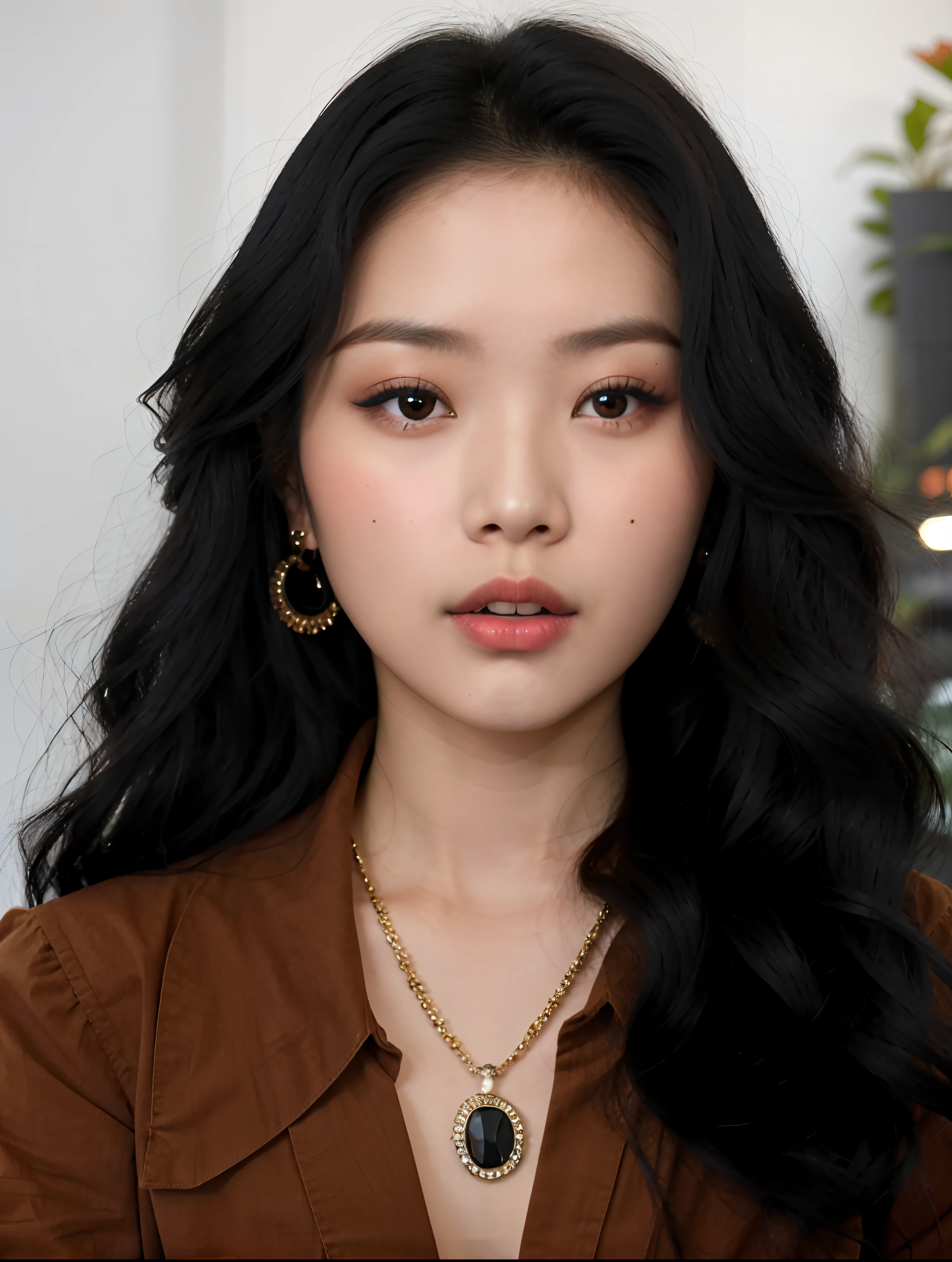 A close-up of a woman with long black hair wearing a brown shirt, maquillaje popular de Corea del Sur, maquillaje coreano popular, Hermosa mujer surcoreana, Hermosa joven coreana, Hermosa joven coreana, Rasgos de la cara coreana, Mujer coreana, Chica coreana, Cara sexy con maquillaje completo, Korean symmetrical face, a young asian woman, Modelo de moda femenina coreana