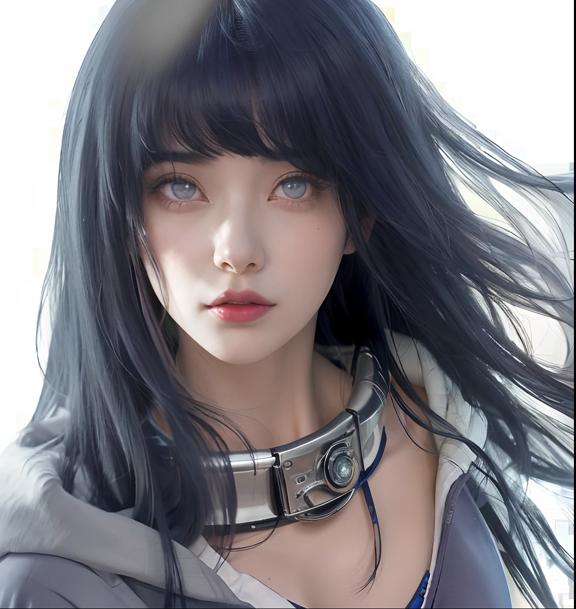 a close up of a person with long hair and a hoodie, hinata hyuga, hinata hyuga from naruto, from naruto, as an anime character, perfect anime face, she has dark blue hair with bangs, female anime character, anime character, anime best girl, hime cut hairstyle, dark blue hair, (red glossy lips:1.3), light purple eyes, big breasts, realistic, ultra detail, indoor background