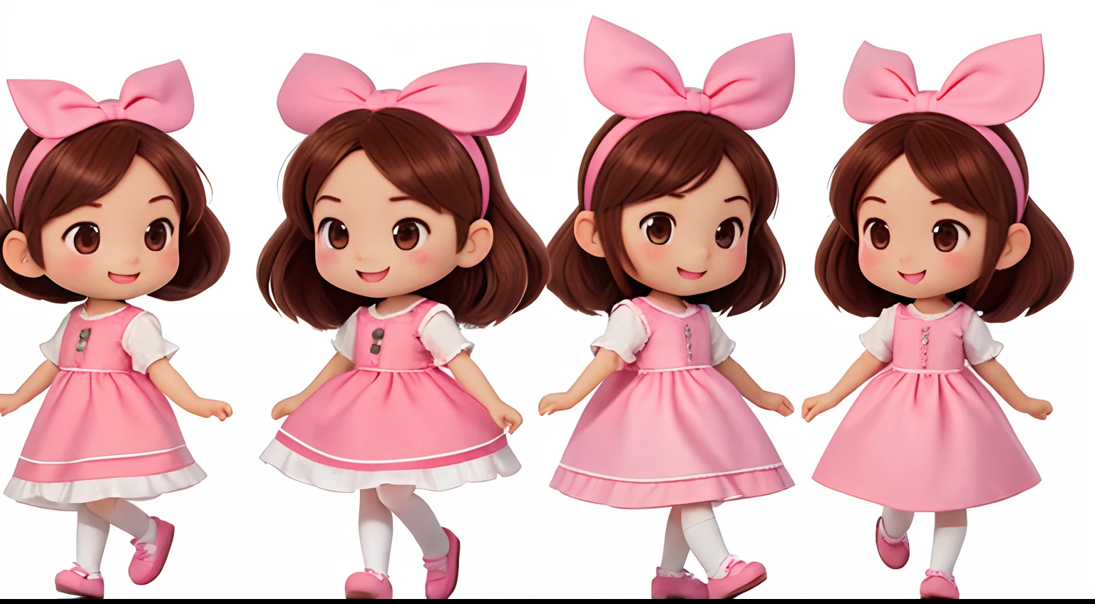 Create 8 profile pictures of little girl ((Anny AuY) walking toward and face front, multiple poses and expressions, character animation frames, an identical design of the character in each frame, full body,  4-year-old, cute, happy, with medium-length brown hair, brown eyes, rosy cheeks, wearing a pink dress, a pink bow headband, white shoes, and a white background. identical character, identical dress, identical hair, identical headband