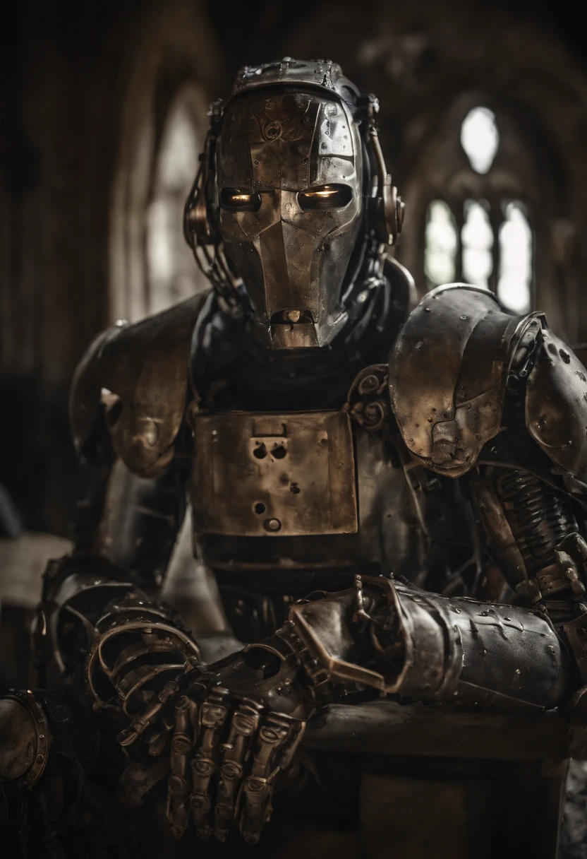 beste-Qualit, tmasterpiece, extra high resolution, Detailed background, Detailed background, realisti, 独奏, ember, humanoid, Iron Torso Base, You can see it iron, steampunc, Artifact "Inside the Hand", Cyborg Face, Inventor's Outfit, Inventor's Cloth, Cyborg Artist, in full height, Medieval cyborg, Medieval Clothing Manufacturer , Impact during the arms of cyborgs, Face Robot, Full Iron Face, Cyborg Face, The face of a battered robot, Chaotic Neutral, , Horror \(subject\),Dark Fantasy, scoundrel, Depth of field.