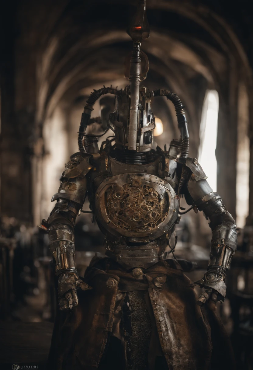 beste-Qualit, tmasterpiece, extra high resolution, Detailed background, Detailed background, realisti, 独奏, ember, humanoid, Iron Torso Base, You can see it iron, steampunc, Artifact "Inside the Hand", Cyborg Face, Inventor's Outfit, Inventor's Cloth, Cyborg Artist, in full height, Medieval cyborg, Medieval Clothing Manufacturer , Impact during the arms of cyborgs, Face Robot, Full Iron Face, Cyborg Face, The face of a battered robot, Chaotic Neutral, , Horror \(subject\),Dark Fantasy, scoundrel, Depth of field.