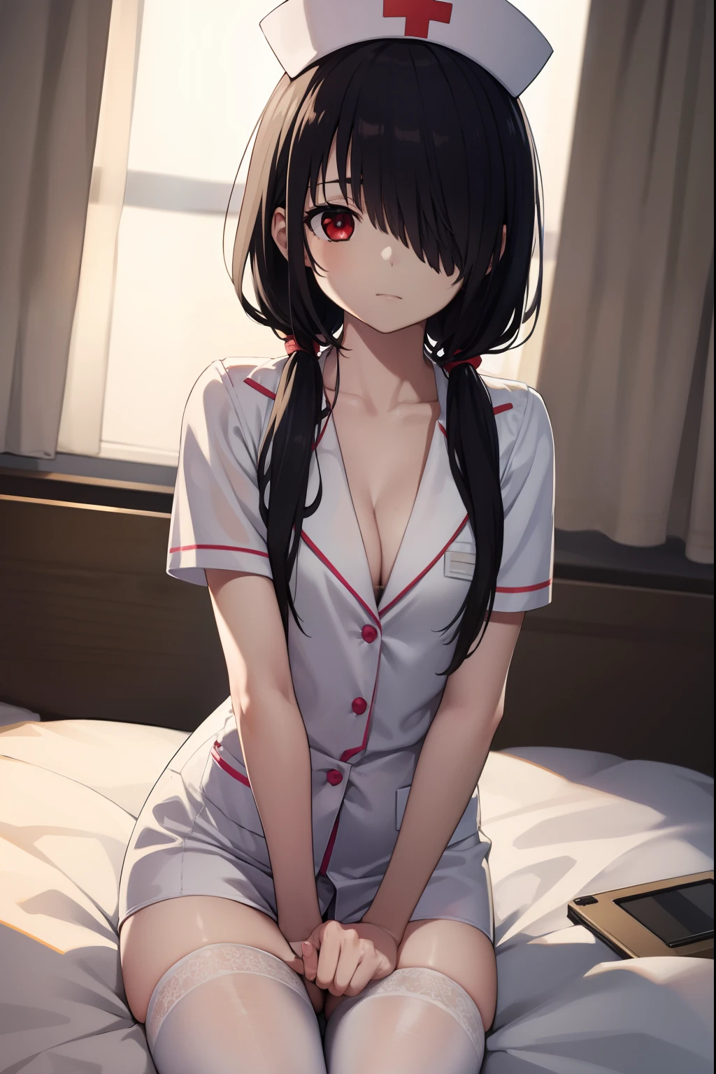 kurumitokisaki, tokisaki kurumi, black hair, low twintails, (hair over one eye:1.5), (red eyes:1.2), (small breast:1.2), BREAK thighhighs, hat, cleavage, white thighhighs, nurse cap, nurse, tokisaki kurumi, BREAK looking at viewer, BREAK indoors, bed, bedroom, BREAK (masterpiece:1.2), best quality, high resolution, unity 8k wallpaper, (illustration:0.8), (beautiful detailed eyes:1.6), extremely detailed face, perfect lighting, extremely detailed CG, (perfect hands, perfect anatomy),