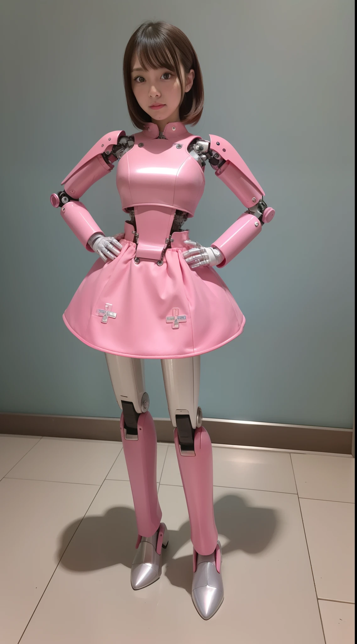 cyborgs, pink there, Silver, Metallic body, Robot Parts, Metal Parts, Super Detailed Face, Super well-formed face, of the highest quality, a small face, Small head whole body, Brown hair, slender body, Camera gaze, Idol, Well-proportioned body, Pink nurse Dress Machine Armor, gravure, Photo session, Akihabara, Moe Pose, Standing with legs open, Hands on hips, Model body type, sad, Embarrassing,(Perfect Robot Girl),(Perfect machine body)