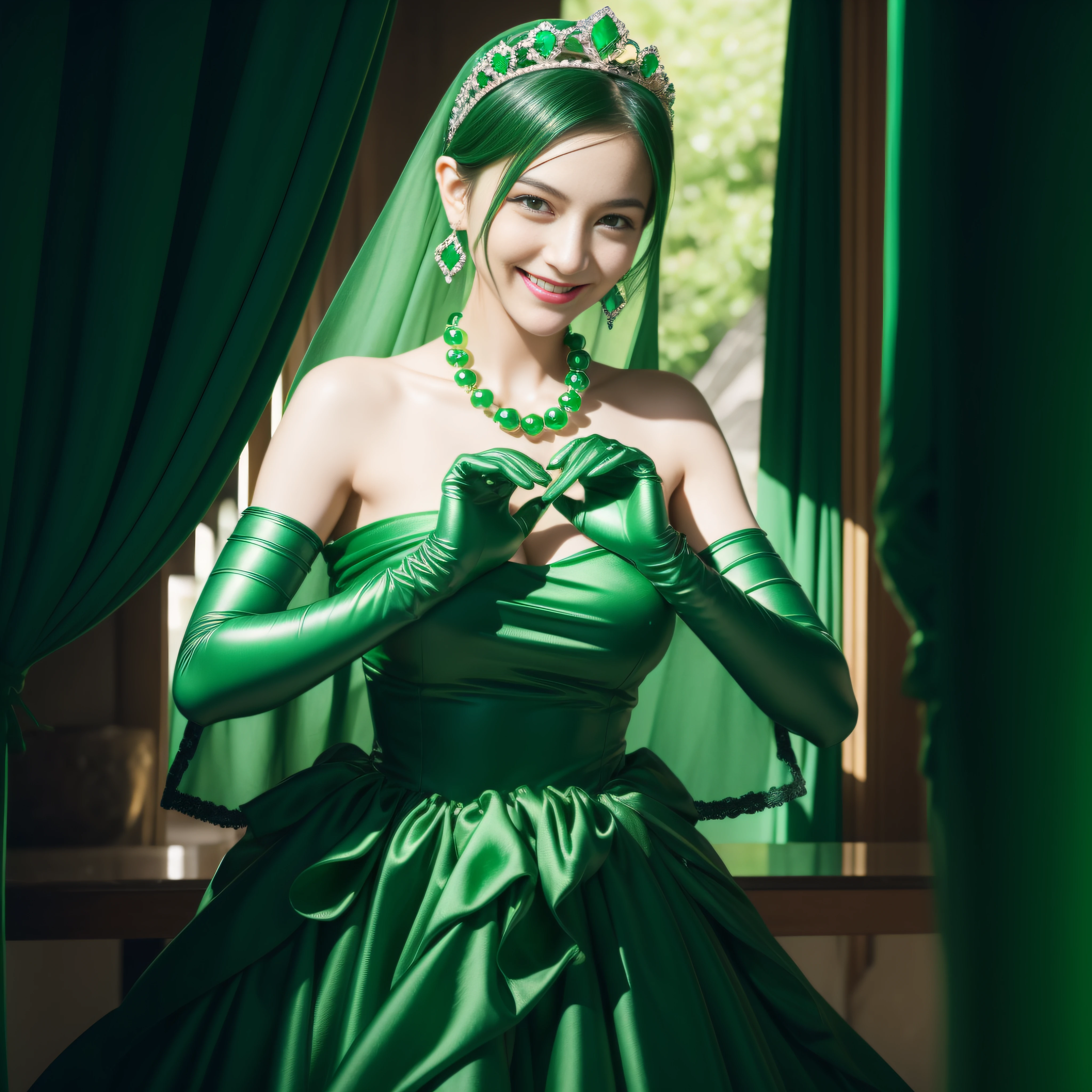emerald tiara, Green Pearl Necklace, Boyish very short black hair, lipsticks, Japan woman smiling, very short short hair, big breasts beautiful, Green eyes, Long green gloves made of satin material, Green eyes, Emerald Earrings, green vale, Heart with both hands,Black hair
