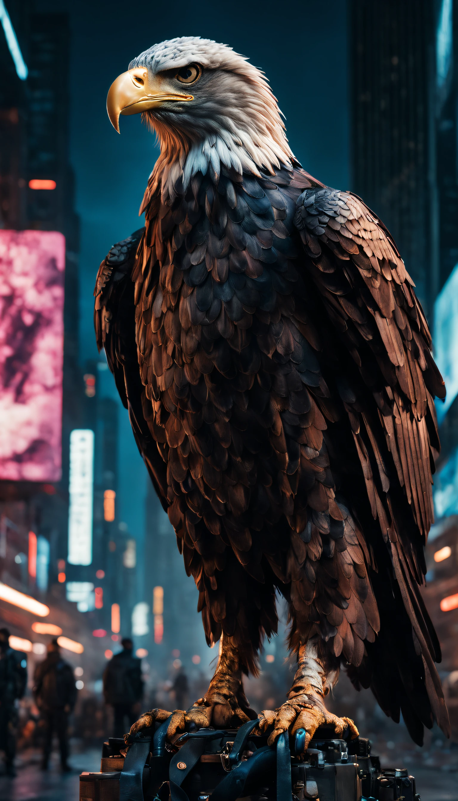 front view, film photo, extreme realistic, hyper-realistic, portrait of a human strong eagle standing, in cyber punk city, at night, elegant pose, atmospheric lighting, cinematic composition, detailed, highly detailed, vivid colors, masterpiece, extreme detailed background