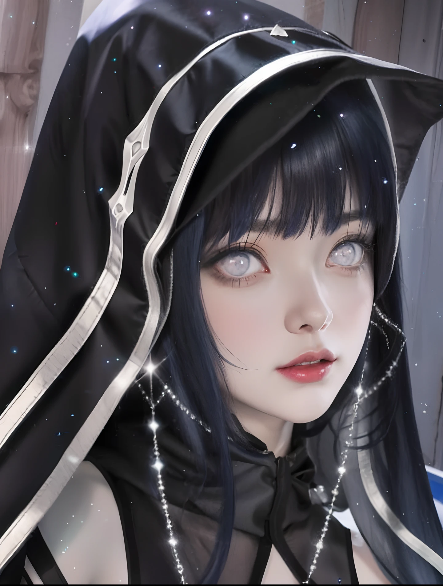 a close up of a person with long hair and a hoodie, hinata hyuga, hinata hyuga from naruto, from naruto, as an anime character, perfect anime face, she has dark blue hair with bangs, female anime character, anime character, anime best girl, hime cut hairstyle, dark blue hair, (red glossy lips:1.3), light purple eyes, big breasts, realistic, ultra detail, indoor background