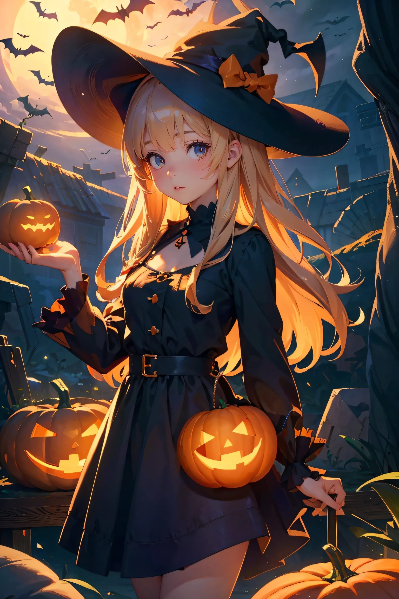 best quality, masterpiece, extremely detailed CG unity 8k wallpaper,(Beautiful and delicate: 1.2),offical art,1girl，borgar，pumpkins，the bats,Halloween theme