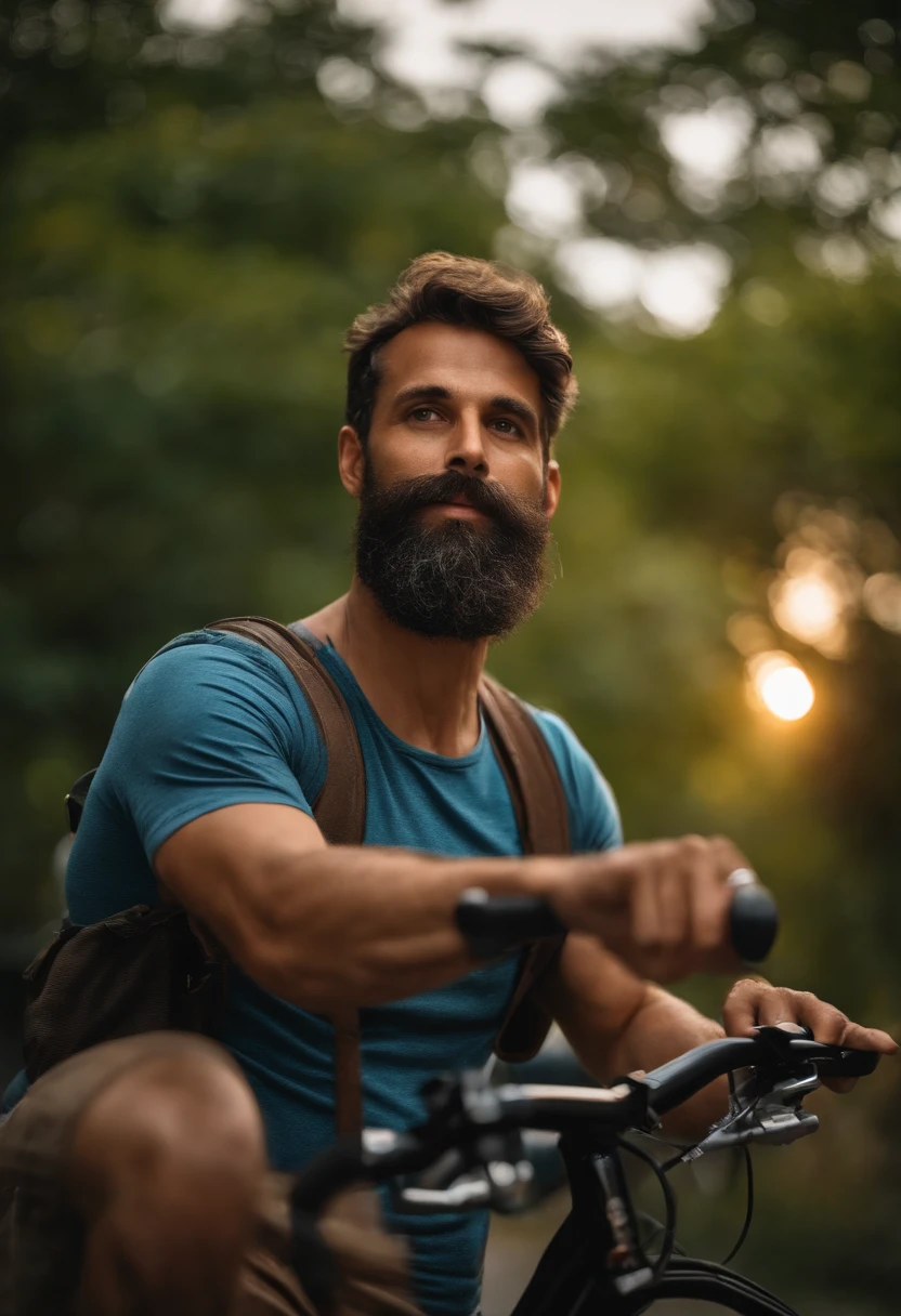Homem jovem de 42 anos , com barba e olhos castanhos pedalando na Europa ,Precision Photography、４Imagem K、