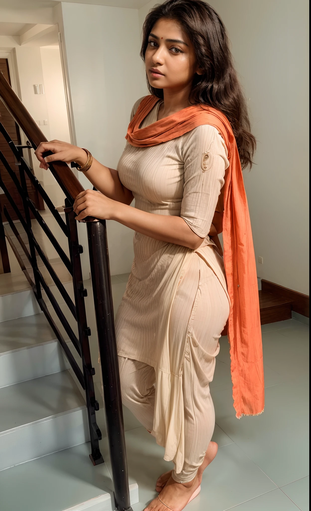 ((Masterpiece)), ((8k)),((ultra-high resolution)), RAW photo, realistic, indian girl, perfect thick figure, perfect face,skinny waist and thick hips,fair skin, wearing kurta and leggings, SFW,