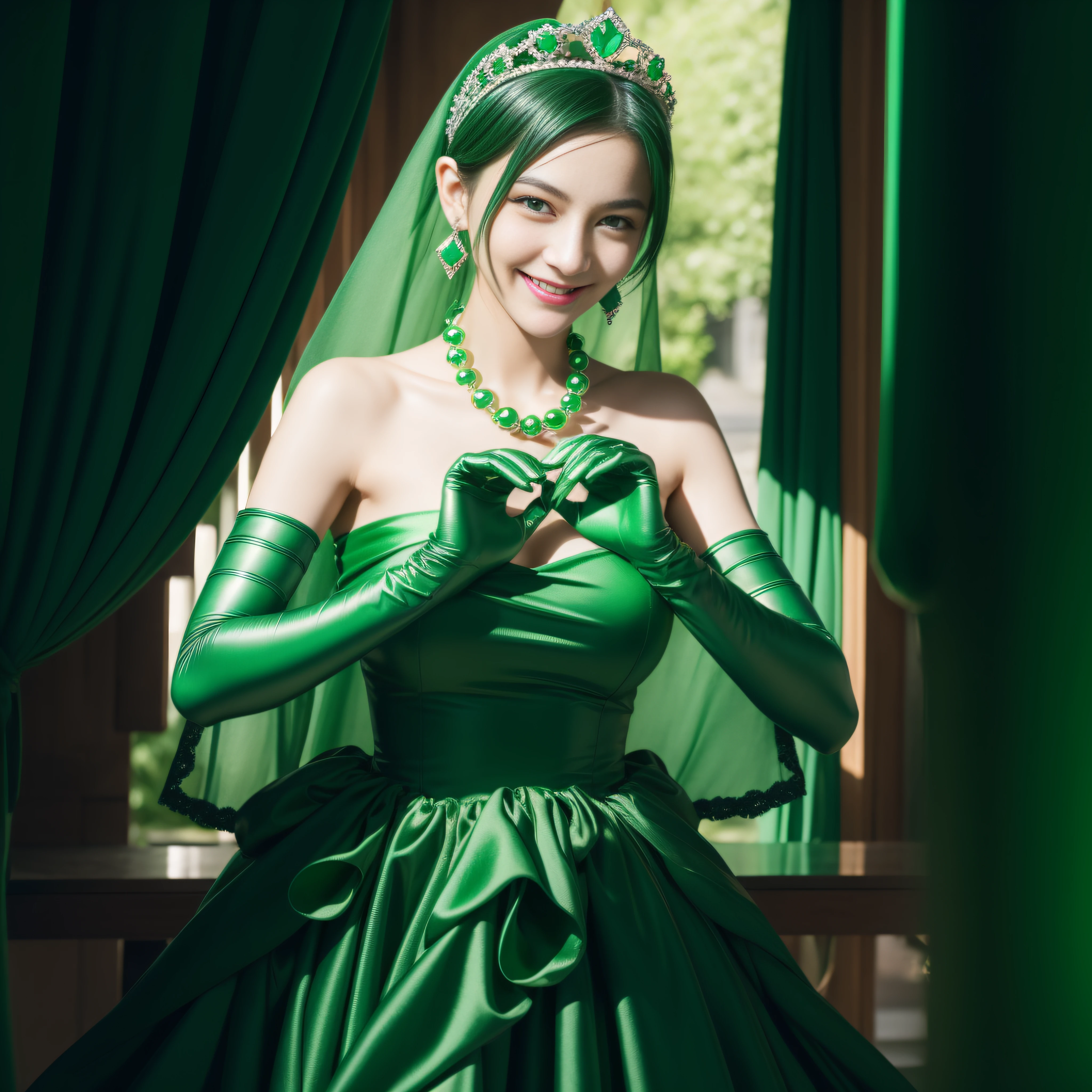 emerald tiara, Green Pearl Necklace, Boyish very short black hair, lipsticks, Japan woman smiling, very short short hair,  big breasts beautiful, Green eyes, Long green gloves made of satin material, Green eyes, Emerald Earrings, green vale, Heart with both hands,Black hair