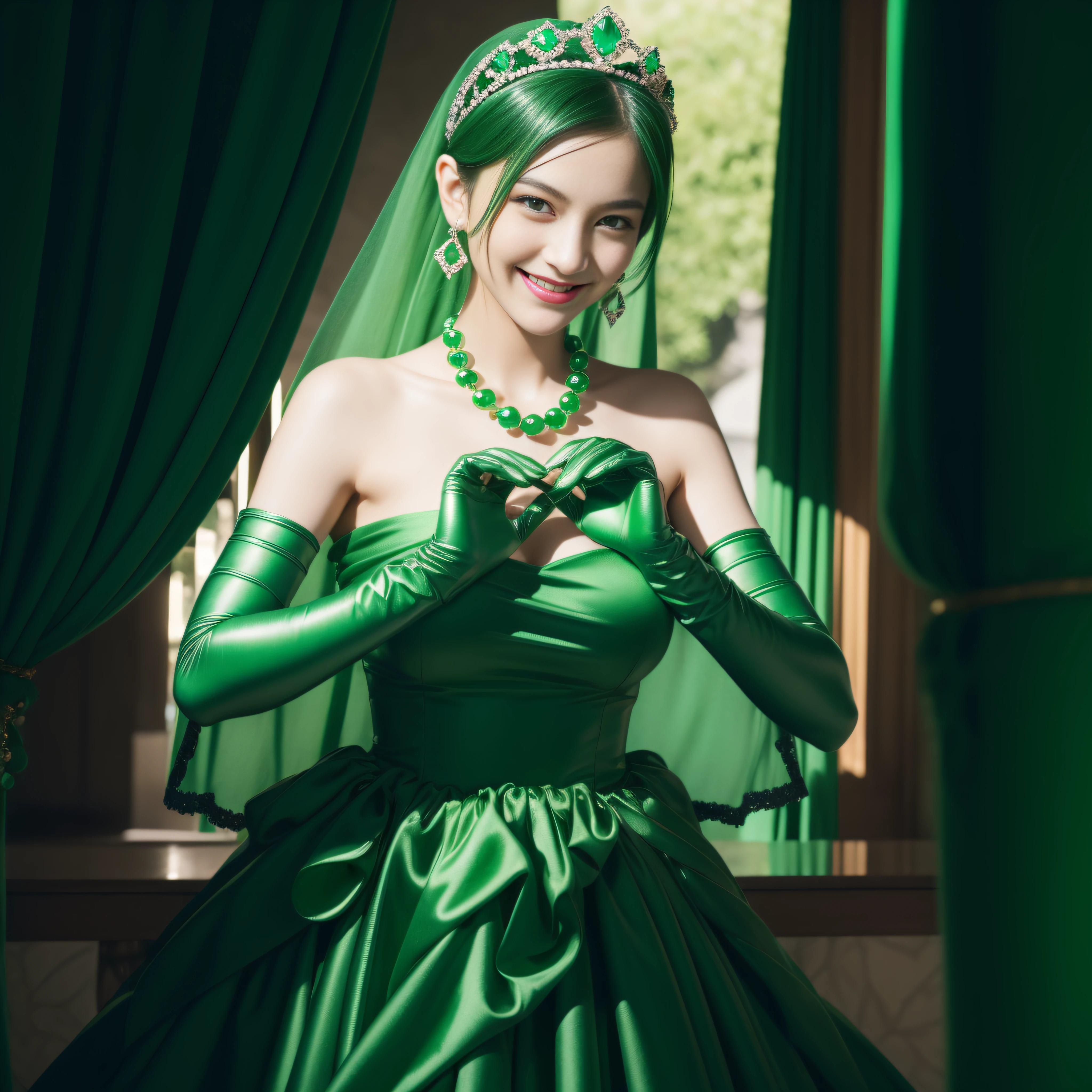 emerald tiara, Green Pearl Necklace, Boyish very short black hair, lipsticks, Japan woman smiling, very short short hair,  big breasts beautiful, Green eyes, Long green gloves made of satin material, Green eyes, Emerald Earrings, green vale, Heart with both hands,Black hair