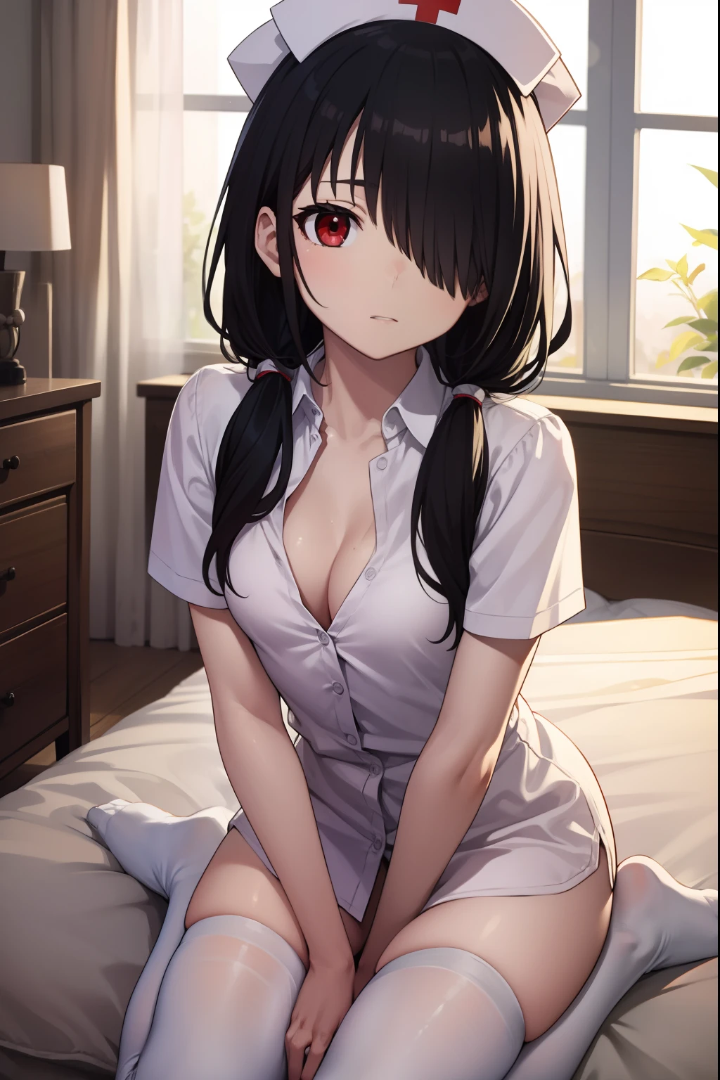 kurumitokisaki, tokisaki kurumi, black hair, low twintails, (hair over one eye:1.5), (red eyes:1.2), (small breast:1.2), BREAK thighhighs, hat, cleavage, white thighhighs, nurse cap, nurse, tokisaki kurumi, BREAK looking at viewer, BREAK indoors, bed, bedroom, BREAK (masterpiece:1.2), best quality, high resolution, unity 8k wallpaper, (illustration:0.8), (beautiful detailed eyes:1.6), extremely detailed face, perfect lighting, extremely detailed CG, (perfect hands, perfect anatomy),