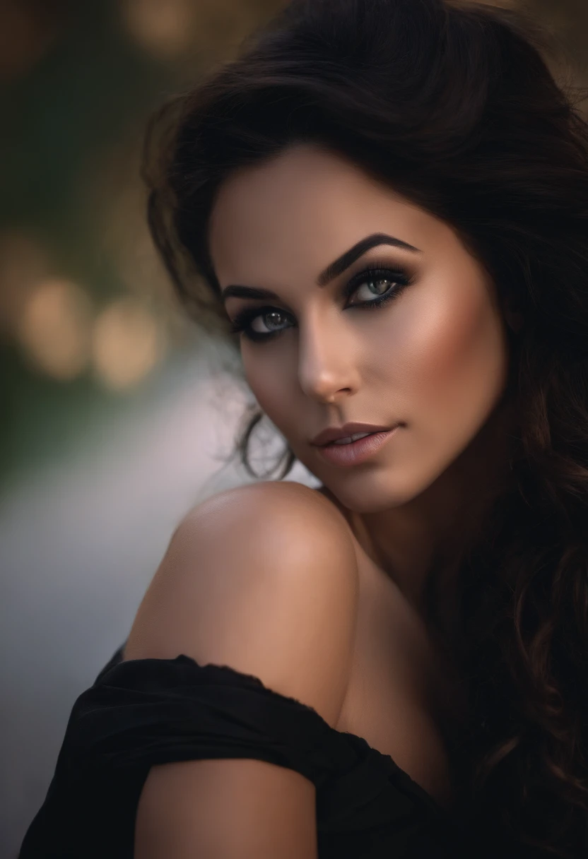 A close up of a woman with long hair and a black dress - SeaArt AI