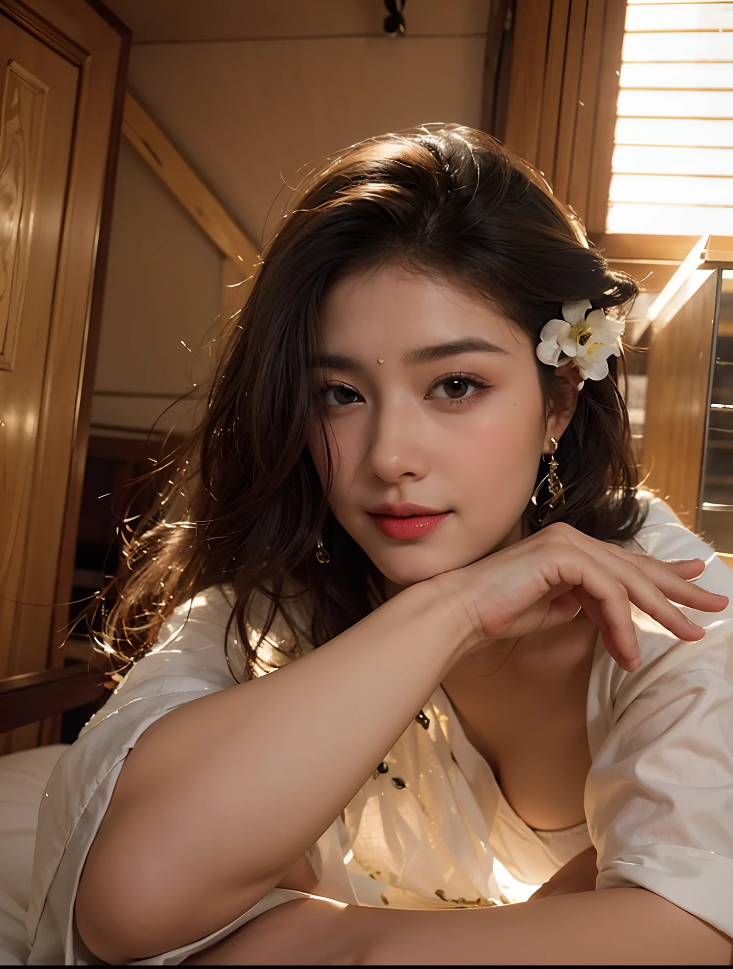 (Best quality, 8K, Masterpiece), (Best Illustration), Very delicate and beautiful, CG, Unity, astonishing detail, 超高分辨率, Highly detailed face, Superbly detailed eyes, (Best shadow: 1.1), (Photorealistic: 1.1), Realistic face proportions, (Makeup: 0.4), Handsome woman, Solo, (Big: 1.5)), (Slim figure), Smile, ( Sleeping on the Bed), (Camel toes) ,(Open legs: 1.5)), Dark brown hair, Earrings, White bra, , (Bokeh: 1.4), Mouth open