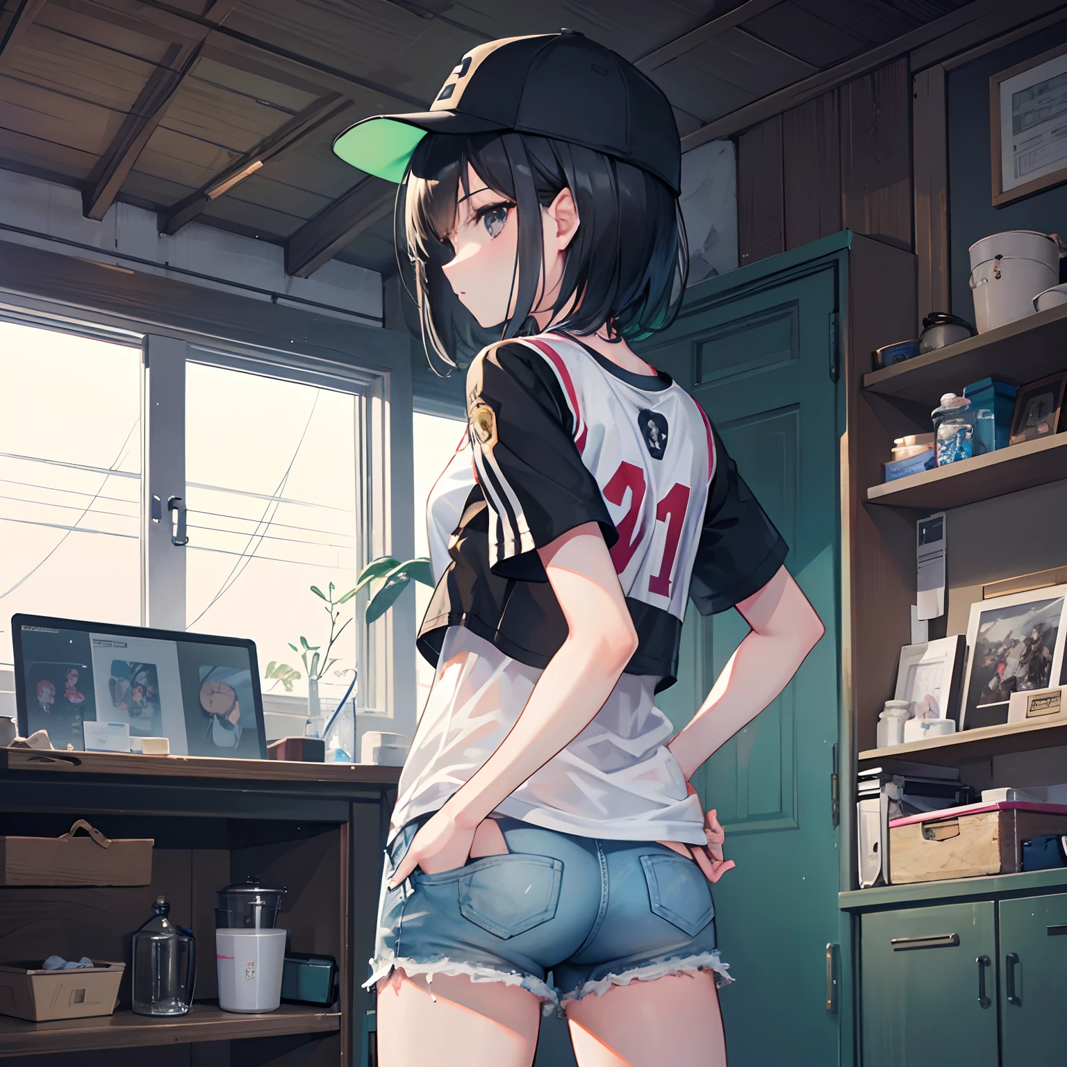 {{Best quality}, {tmasterpiece}, {{ultra - detailed}, illustration), {Detailed light}, {Extremely Delicately Beautiful),1girll,cool girl,Back shadow,Basketball shirt,baseball cap,Hot Pants,Put your hands in your pockets,Alchemy Laboratory,the mystery of unknown territories,Black hair,short hair,Black eyes,Game scene graph